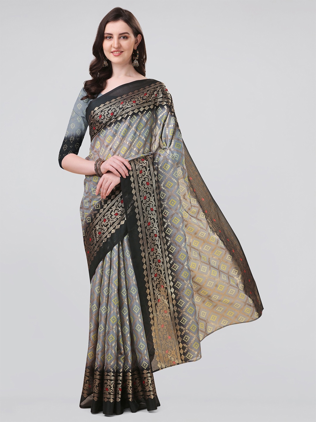 

MIRCHI FASHION Bandhani Zari Organza Bandhani Saree, Grey