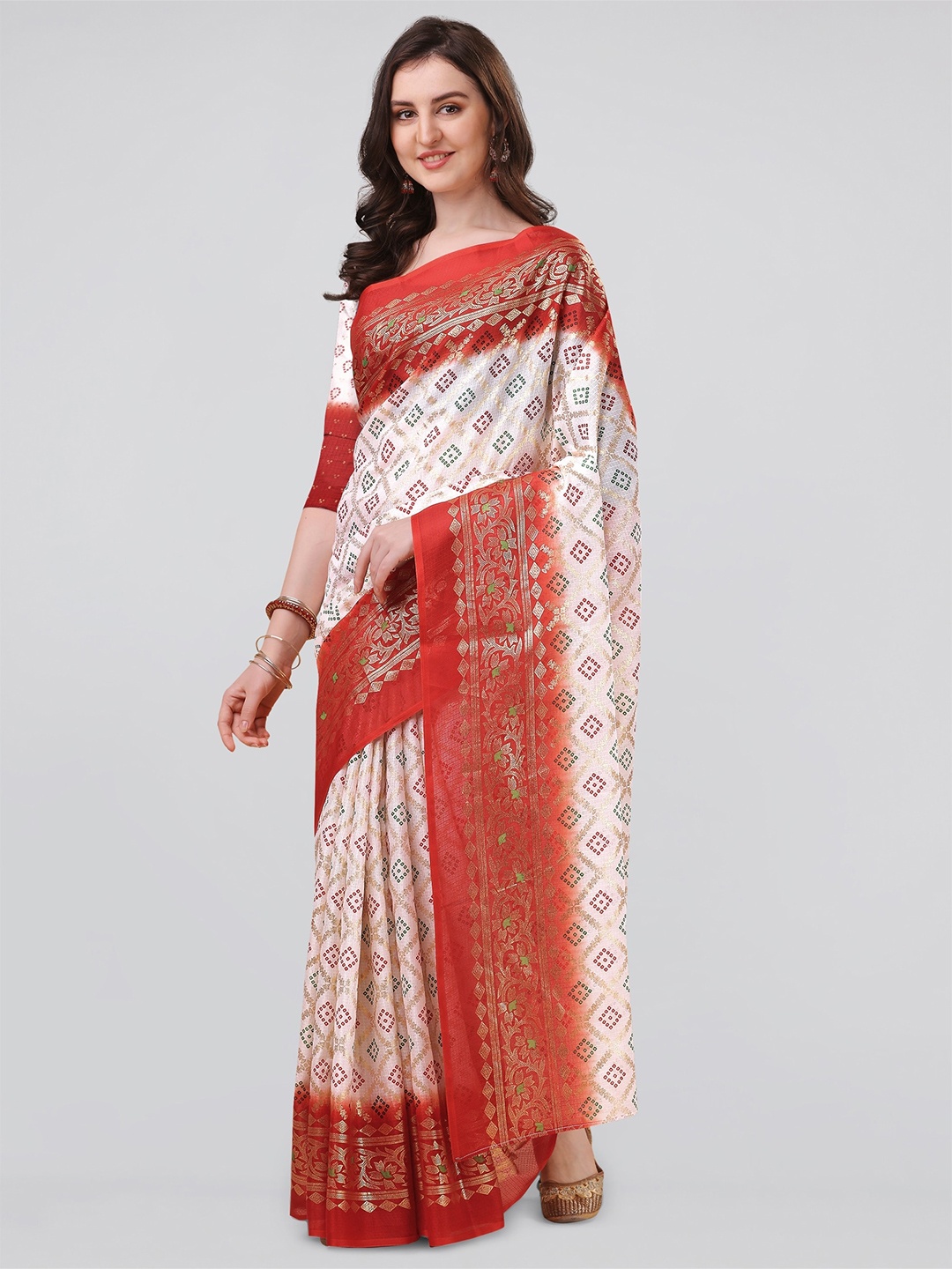 

MIRCHI FASHION Bandhani Organza Bandhani Saree, White