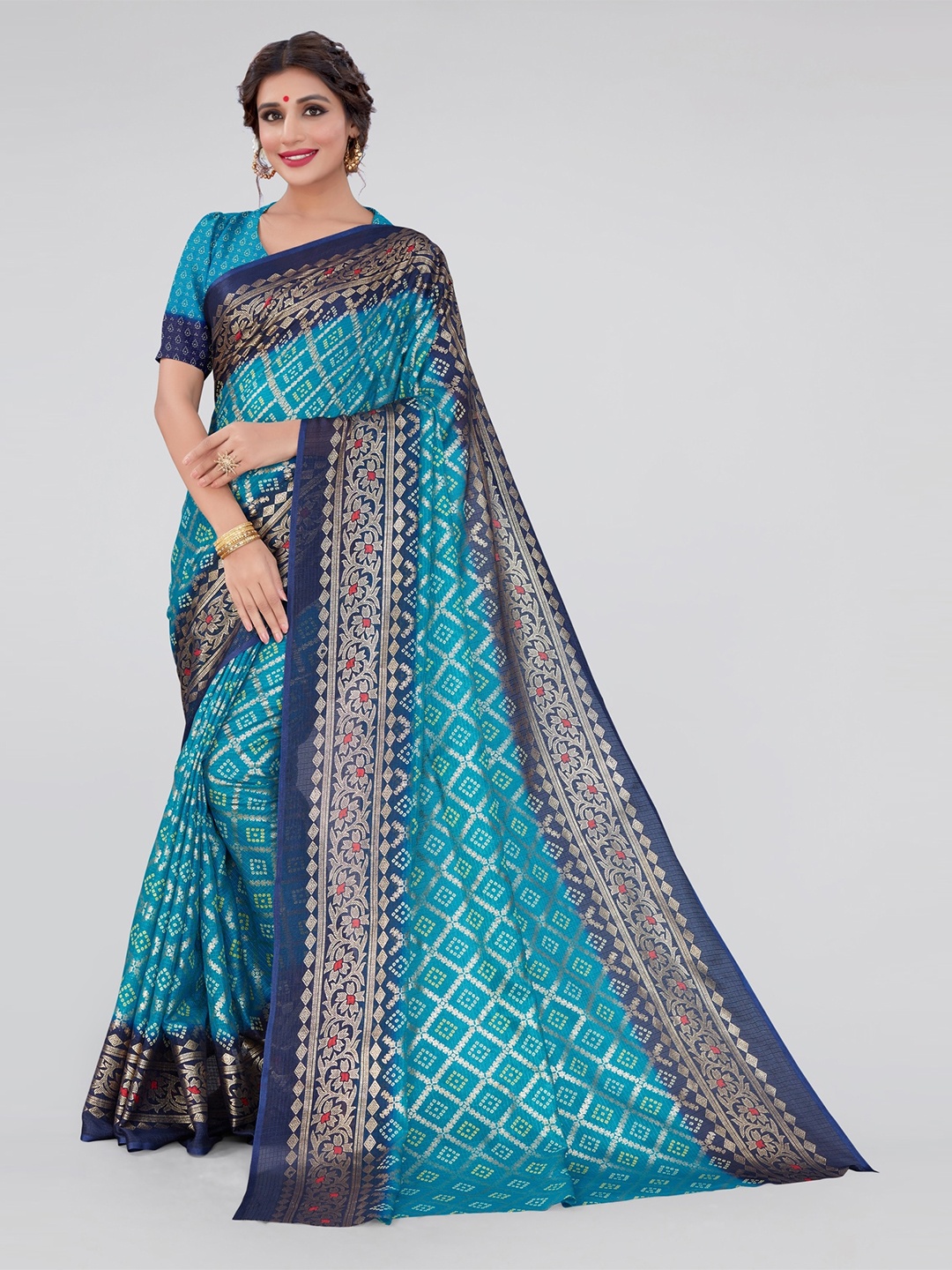 

MIRCHI FASHION Bandhani Zari Organza Bandhani Saree, Turquoise blue