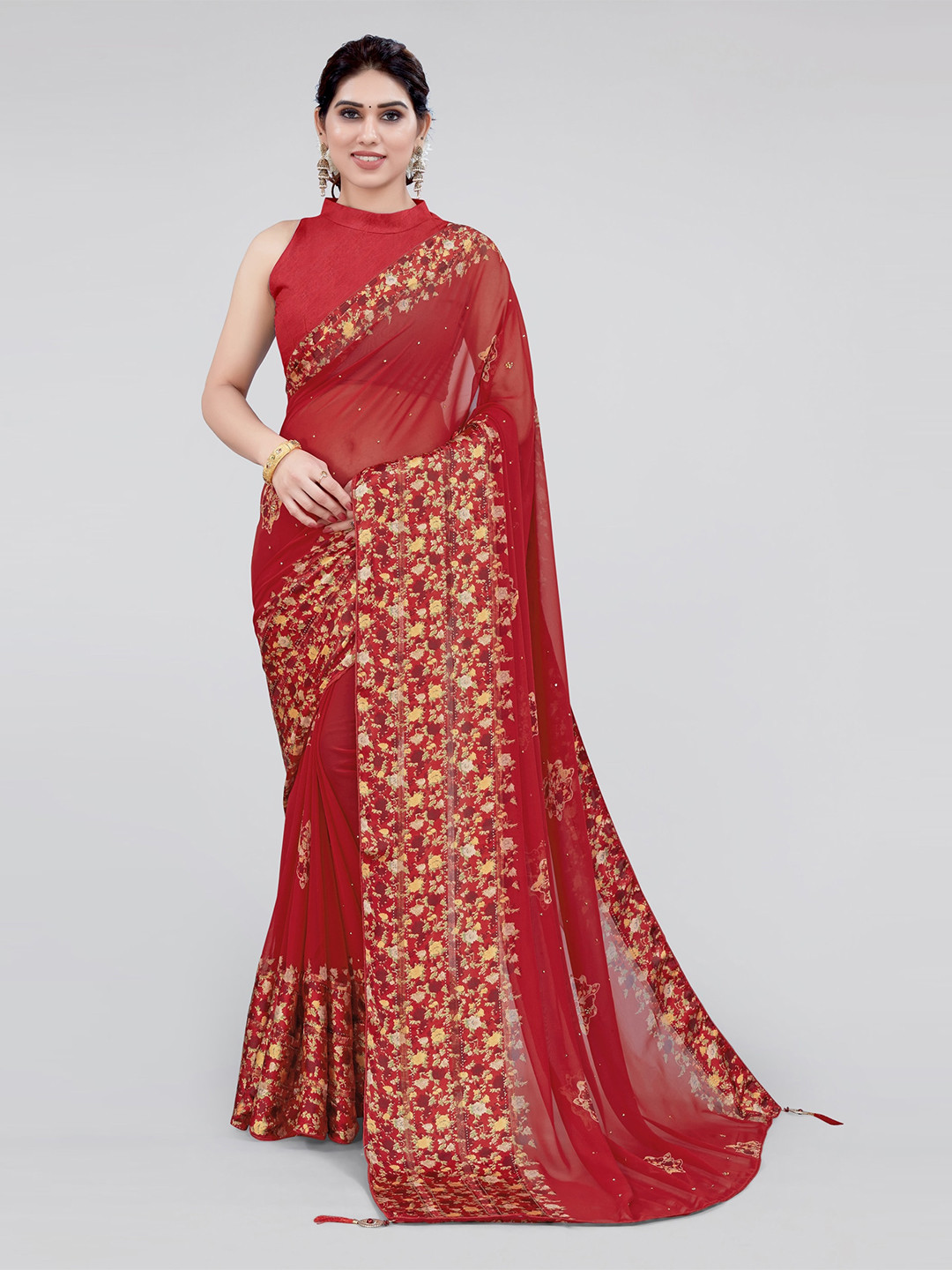 

MIRCHI FASHION Floral Beads and Stones Saree, Red