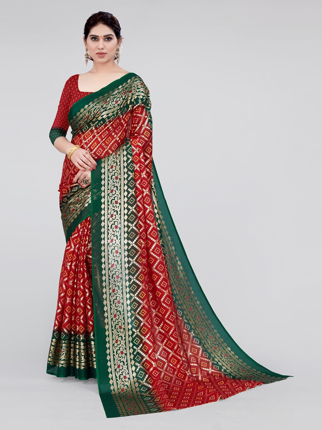 

MIRCHI FASHION Bandhani Zari Organza Bandhani Saree, Red