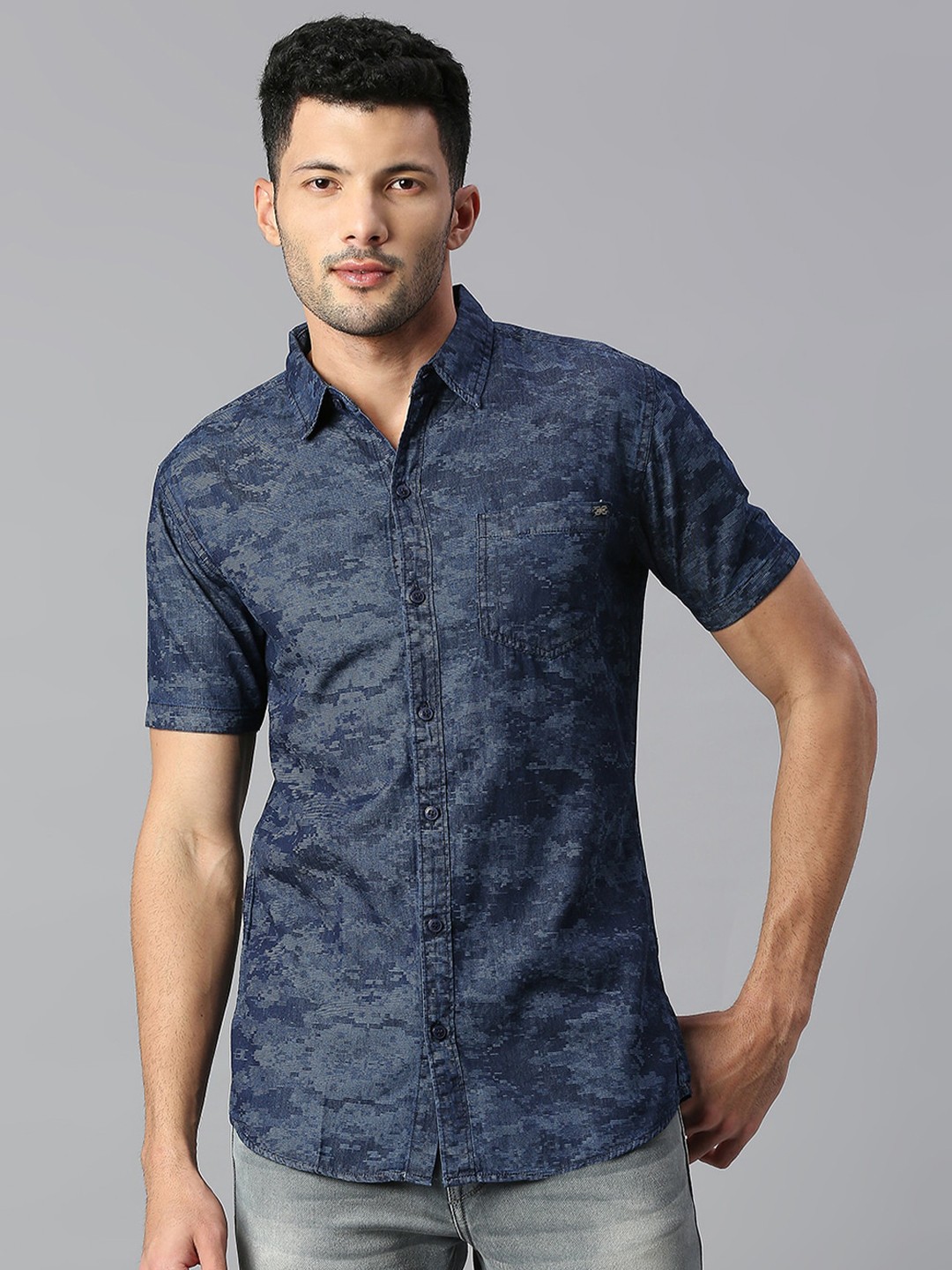 

High Star Men Cotton Slim Fit Printed Casual Shirt, Blue
