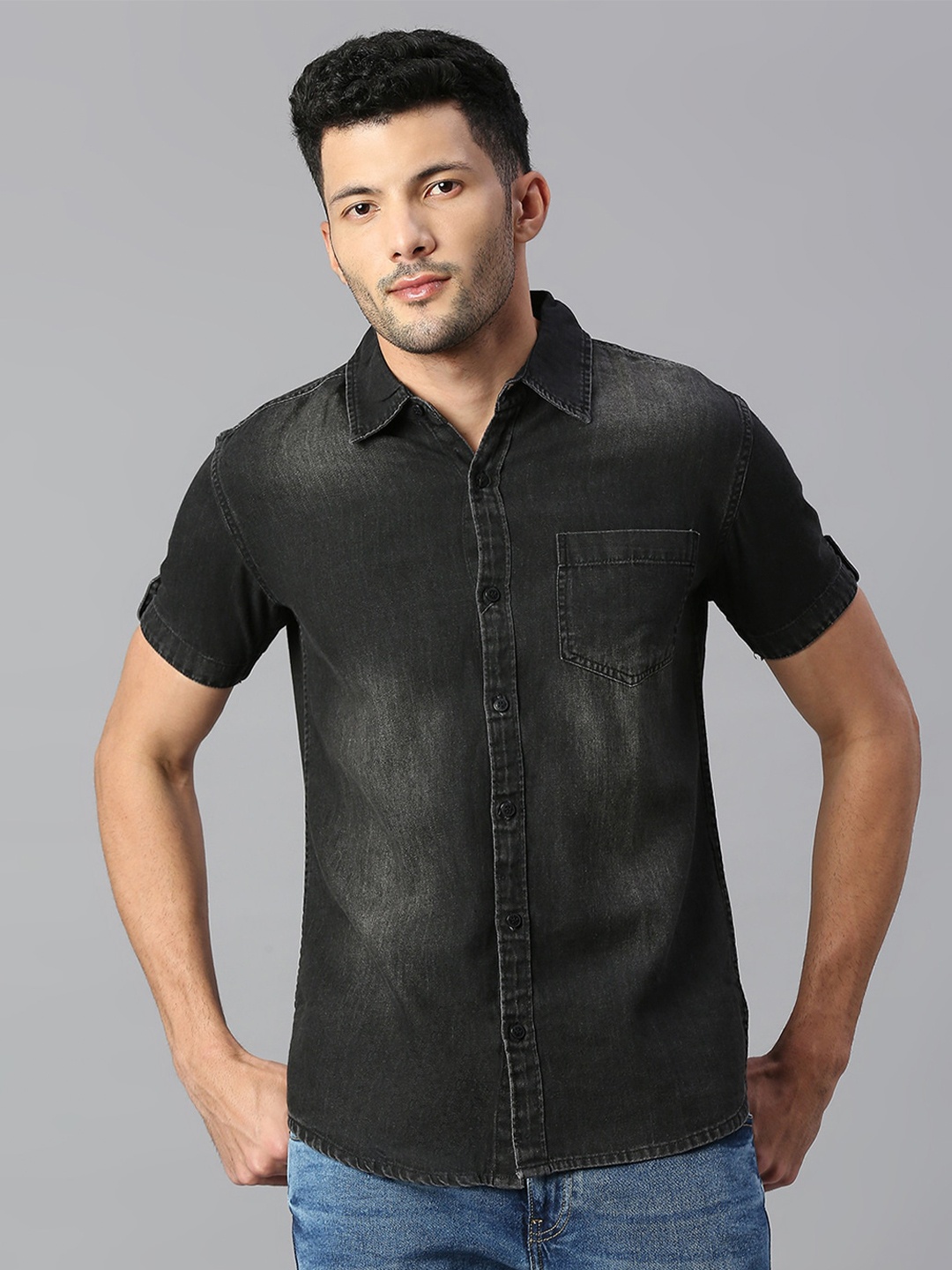 

High Star Men Cotton Slim Fit Faded Faded Casual Shirt, Black