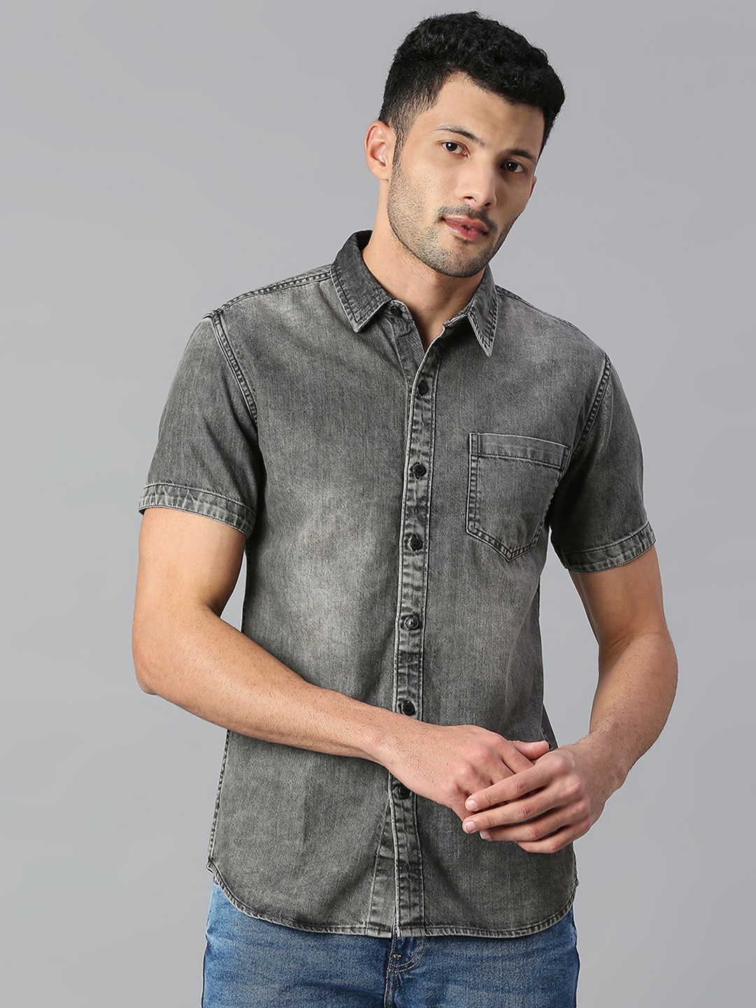 

High Star Men Slim Fit Faded Cotton Casual Shirt, Grey
