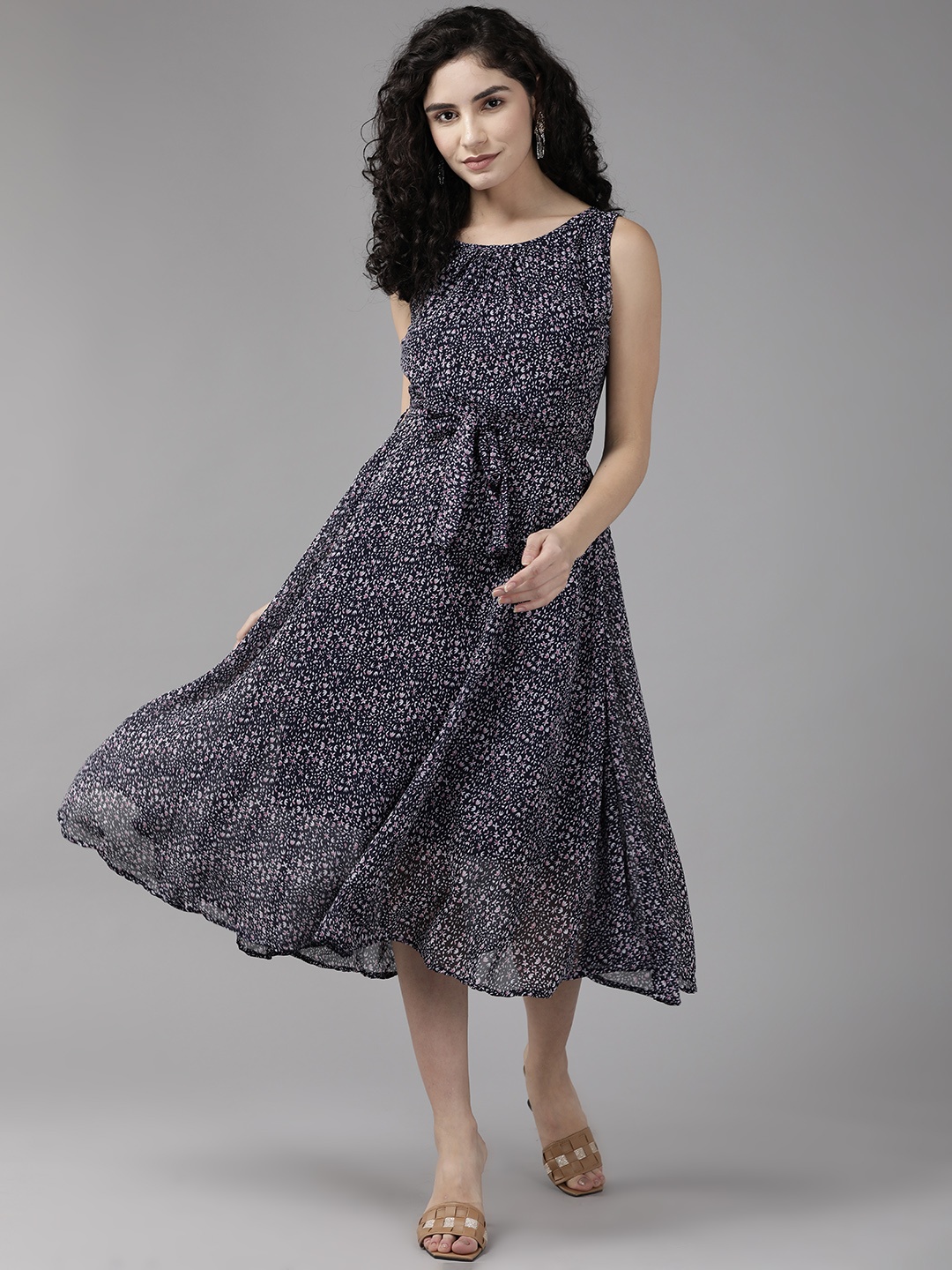 

Aarika Floral Georgette Midi Dress With Waist Tie-Ups, Navy blue