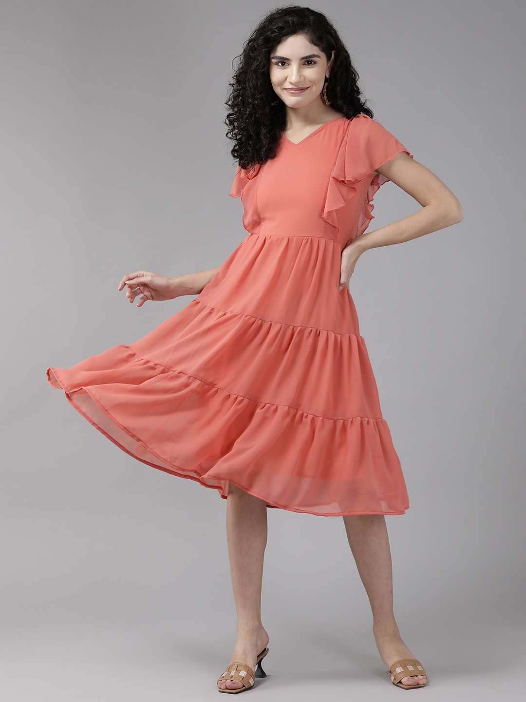 

Aarika Flutter Sleeves Tiered Georgette Dress, Peach