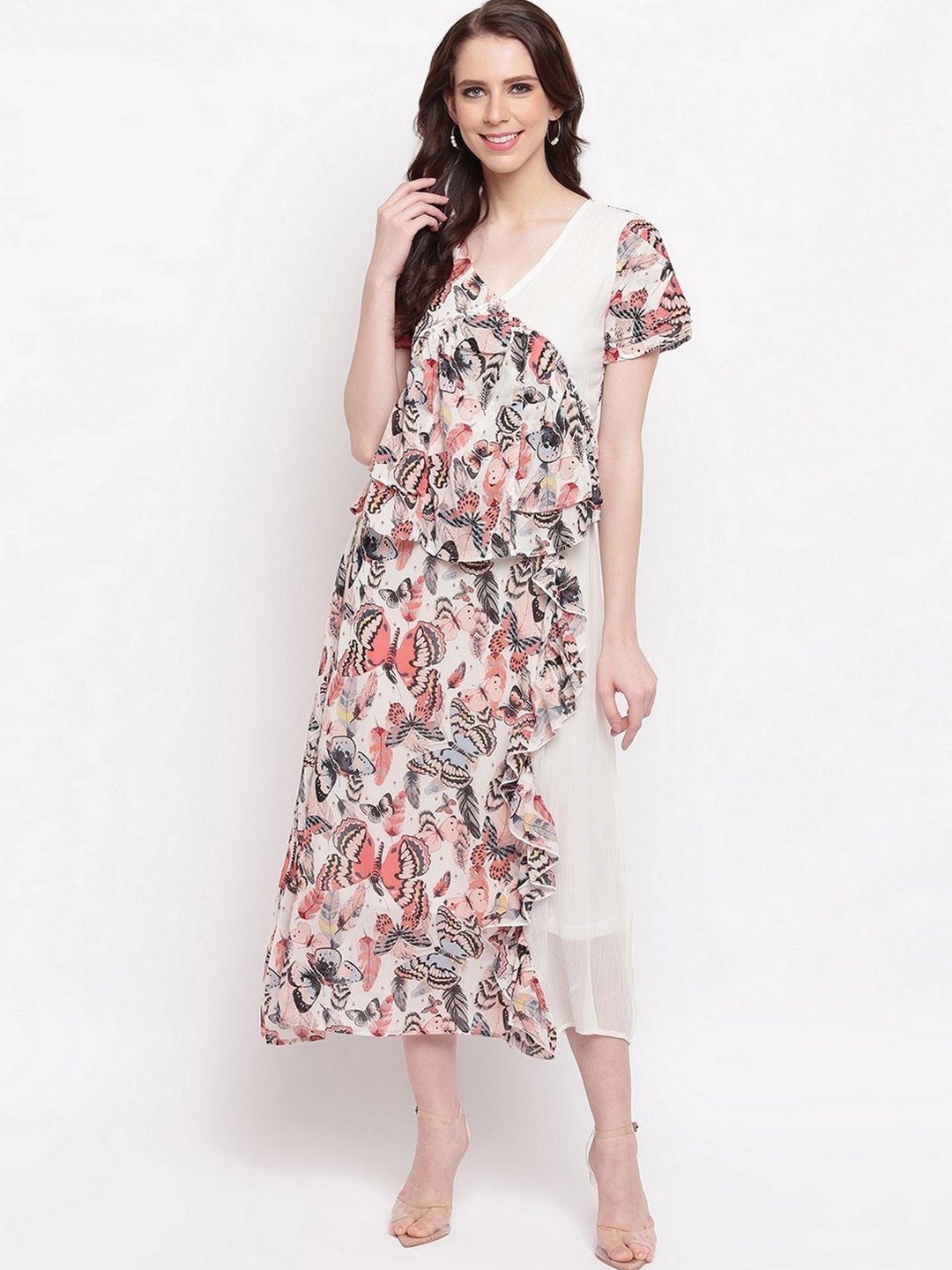 

RIVI Printed Chiffon A-Line Midi Dress, White