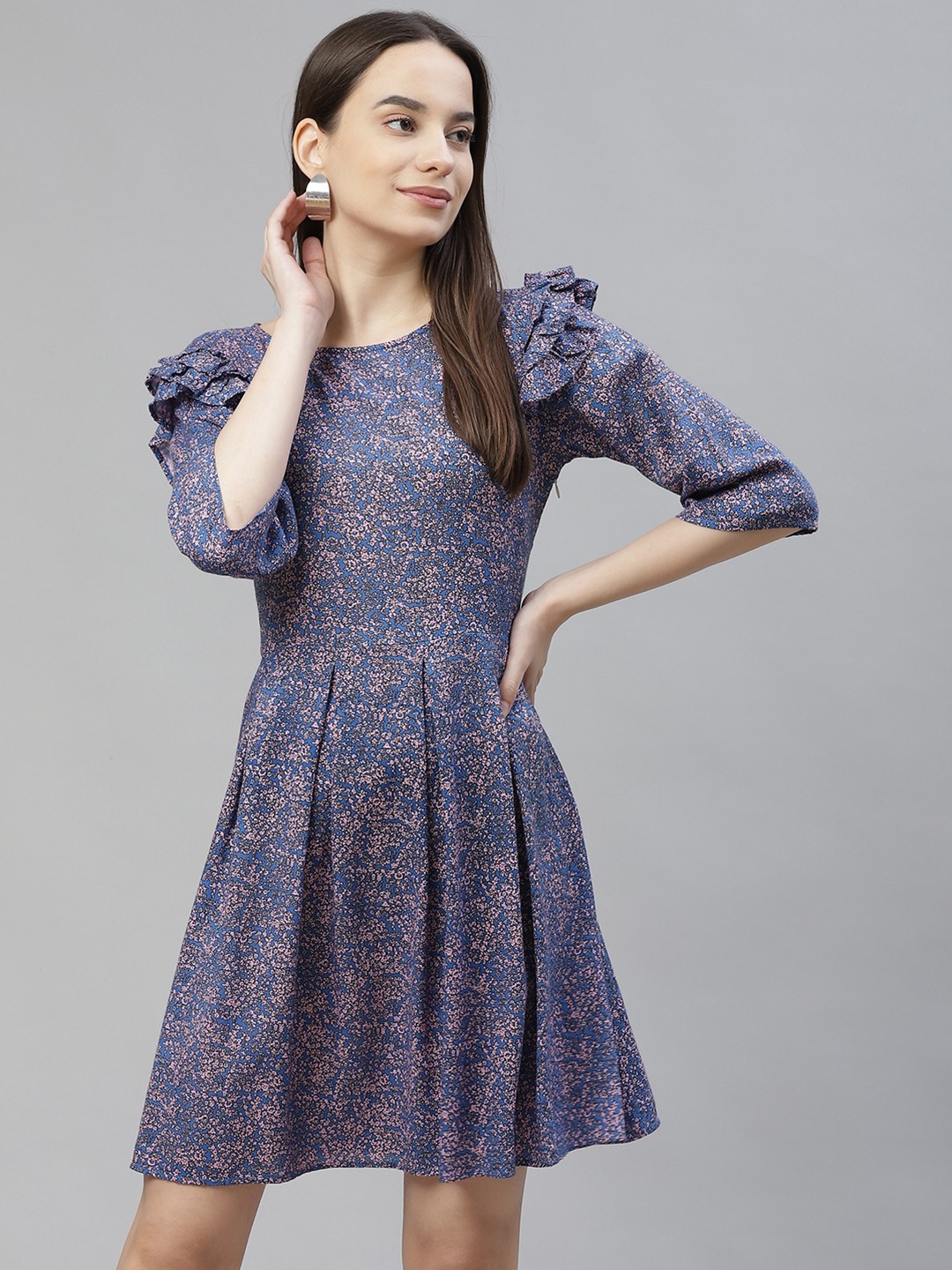 

RIVI Floral Printed Round Neck Fit and Flare Dress, Blue