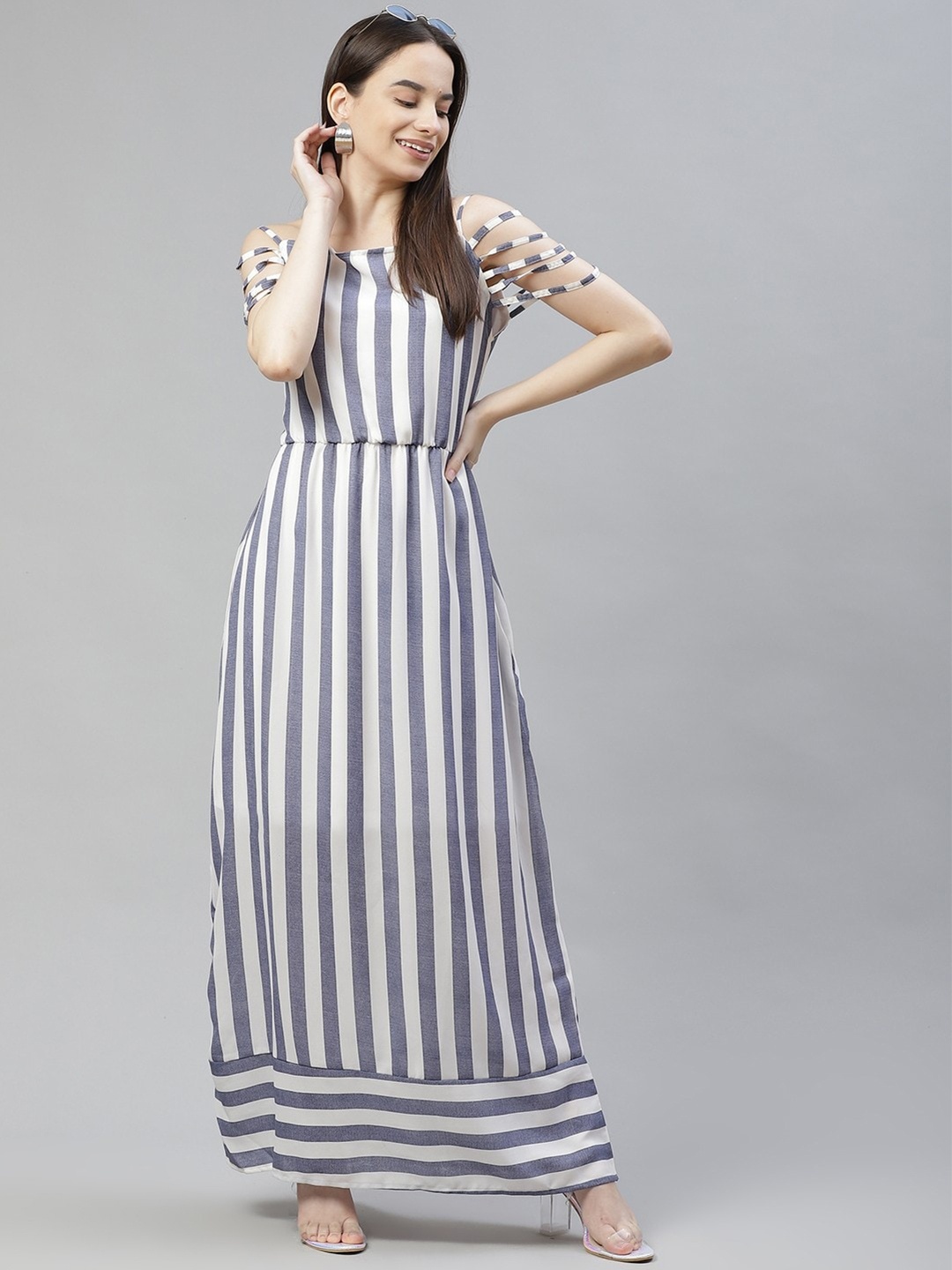 

RIVI Striped Georgette Maxi Dress, White