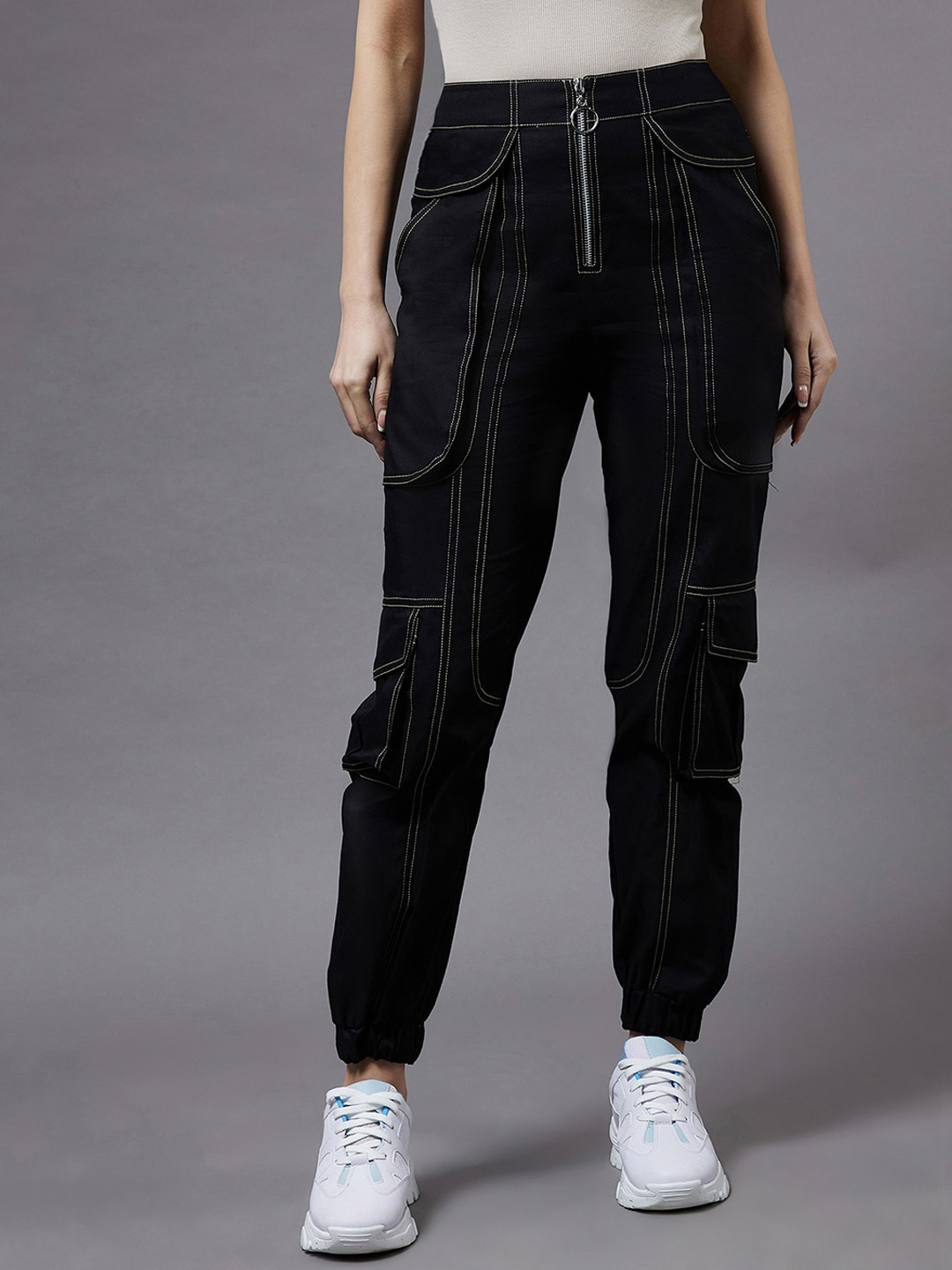 

Miss Chase Women Striped Pure Cotton Relaxed Joggers, Black