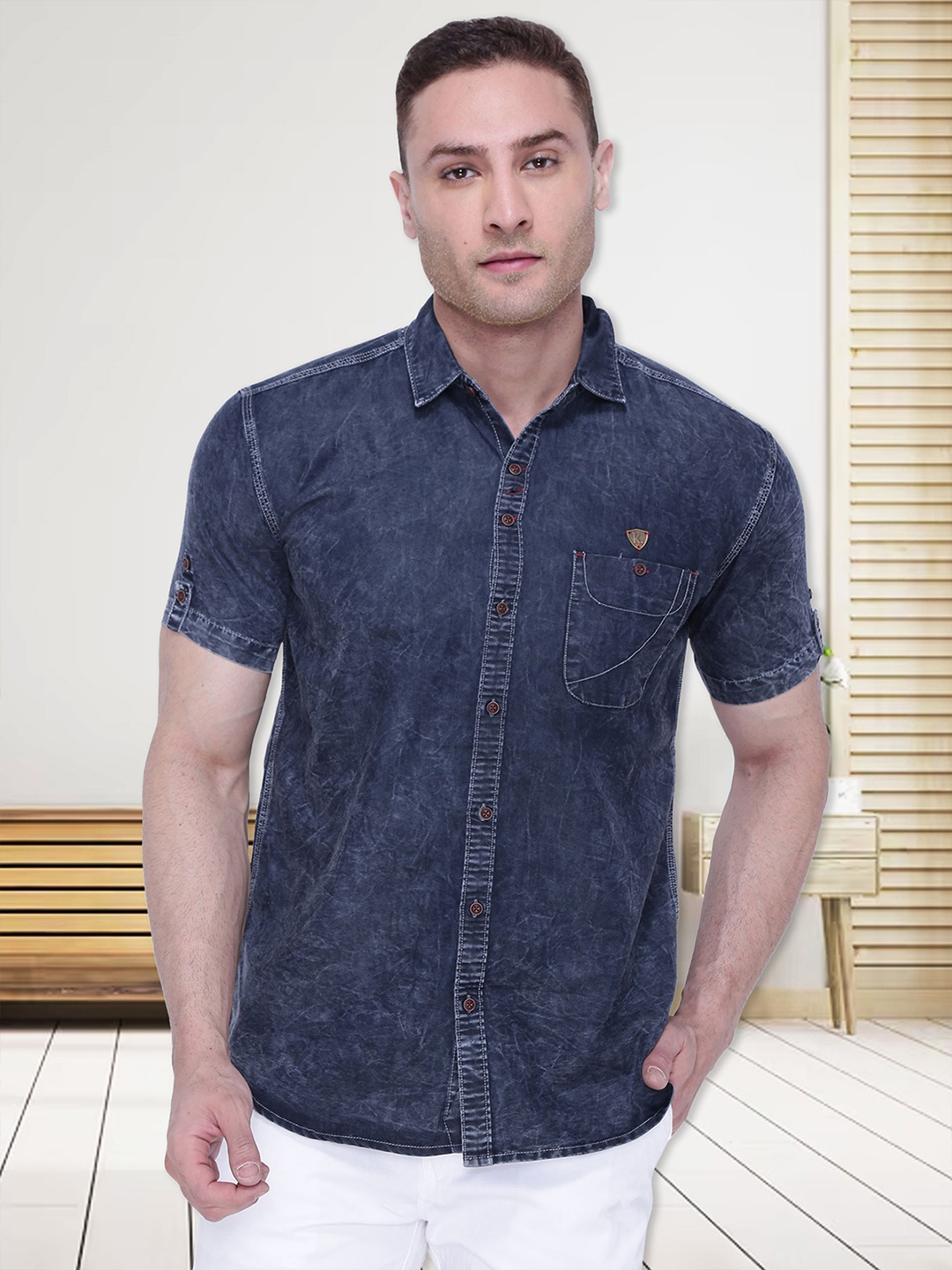 

Kuons Avenue Men Smart Slim Fit Faded Faded Cotton Casual Shirt, Navy blue