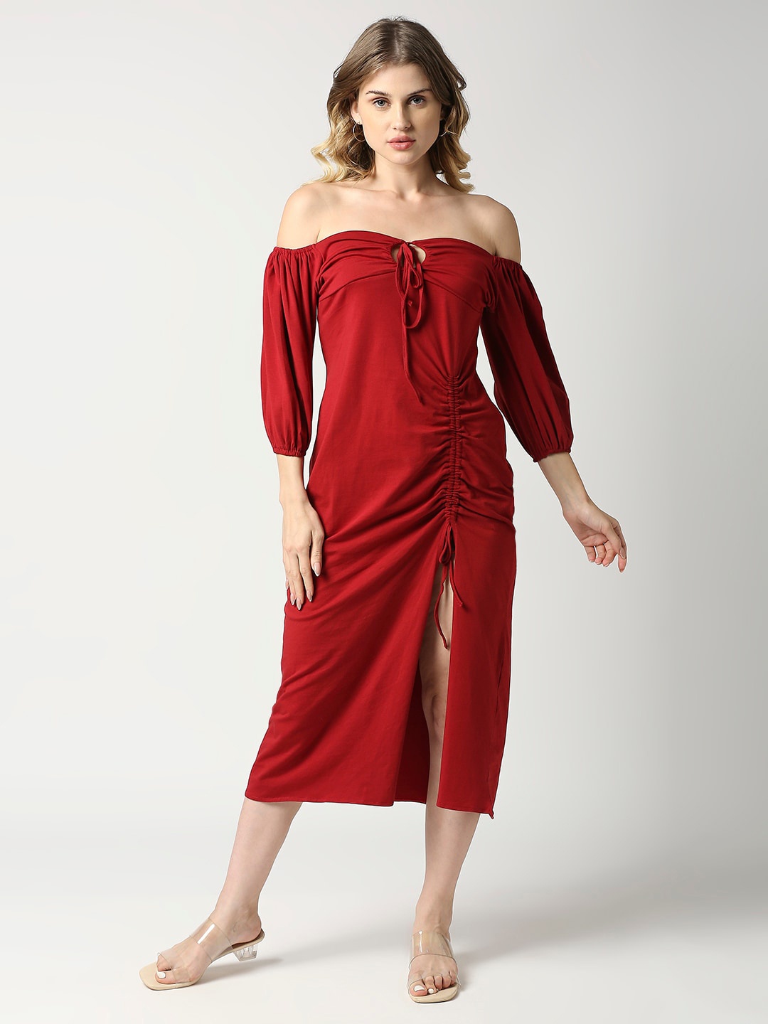 

Blamblack Off-Shoulder Sheath Midi Dress with Slit, Red
