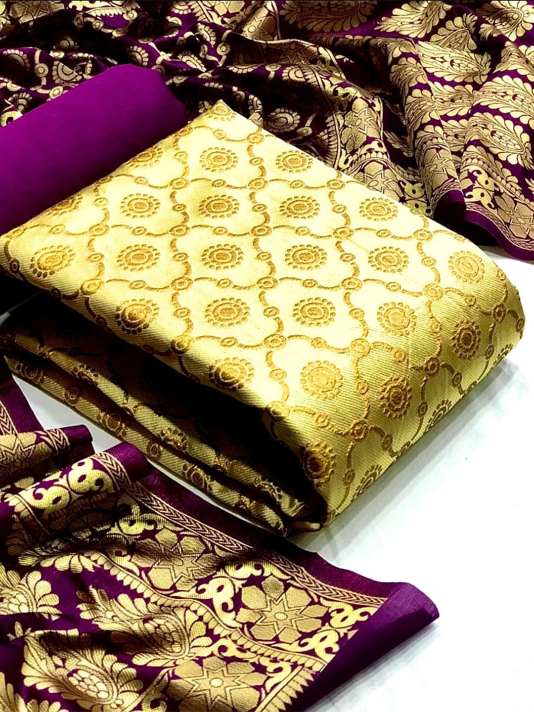 

MORLY Dupion Silk Banarasi Jacquard Unstitched Dress Material, Beige
