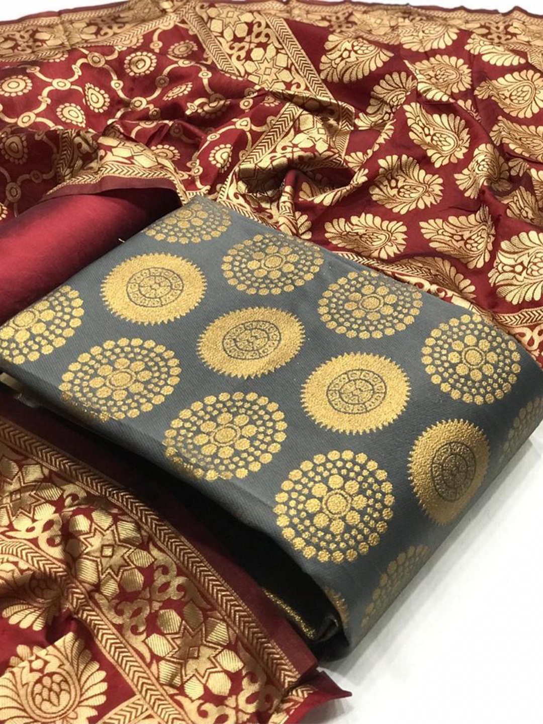 

MORLY Dupion Silk Banarasi Jacquard Unstitched Dress Material, Grey
