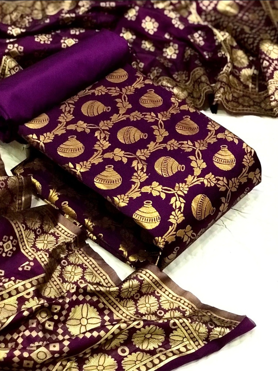 

MORLY Dupion Silk Banarasi Jacquard Unstitched Dress Material, Purple