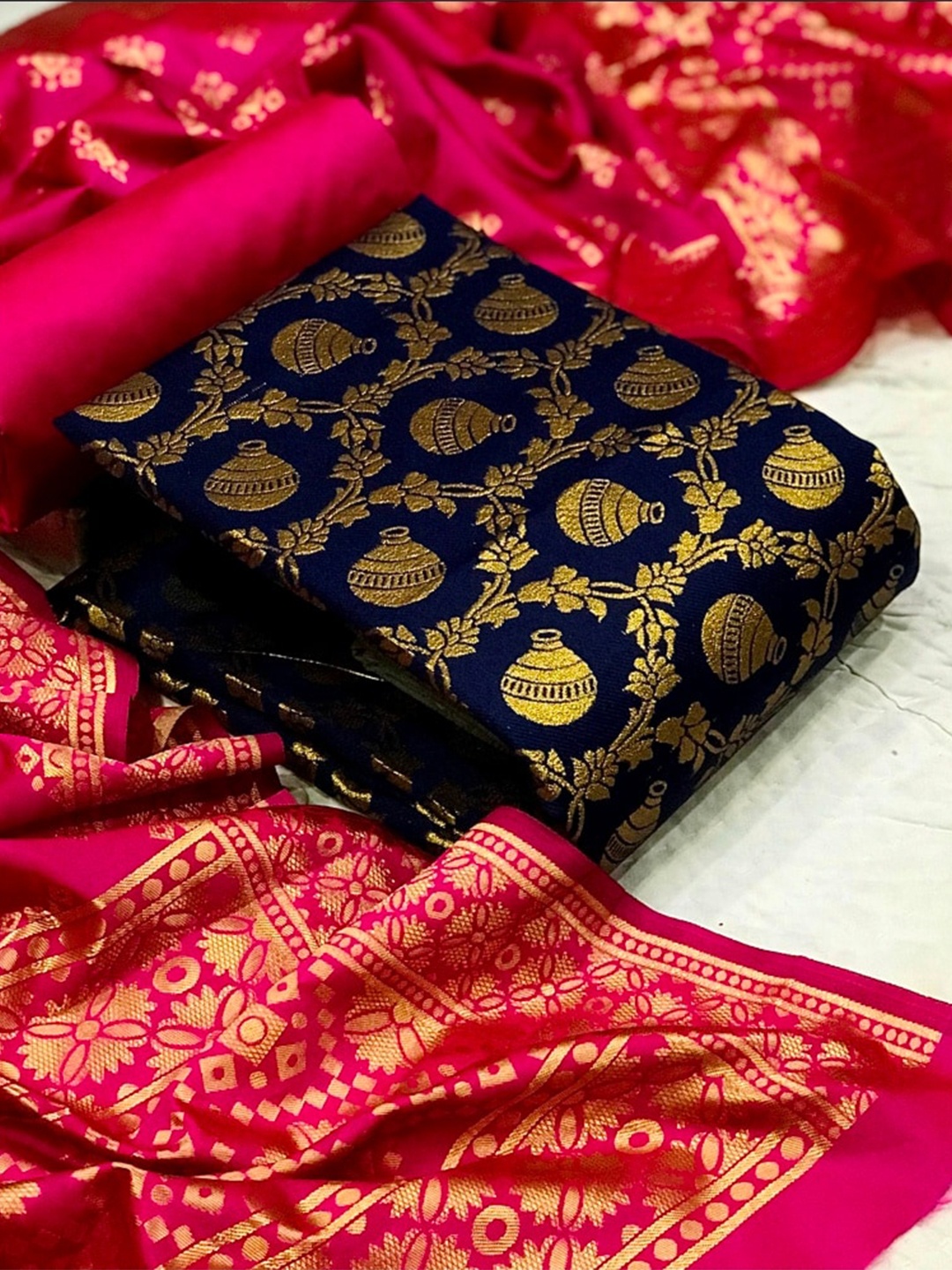 

MORLY Dupion Silk Banarasi Jacquard Unstitched Dress Material, Navy blue