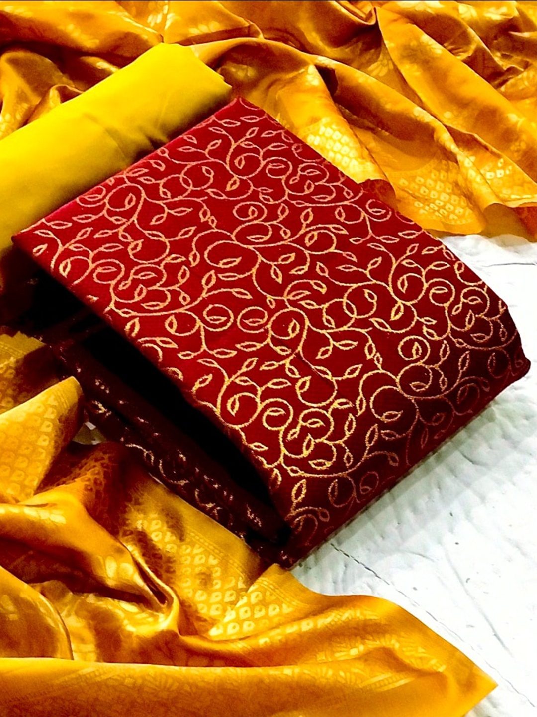 

MORLY Woven Design Dupion Silk Banarasi Jacquard Unstitched Dress Material, Maroon