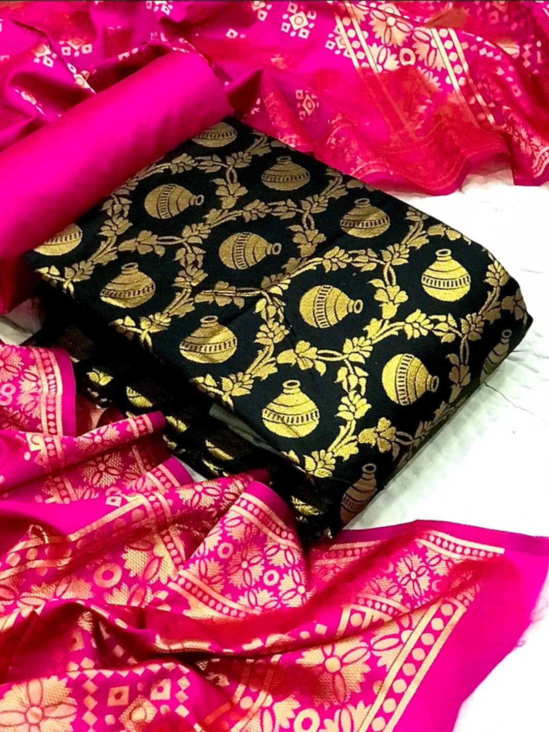 

MORLY Woven Design Dupion Silk Banarasi Jacquard Unstitched Dress Material, Black