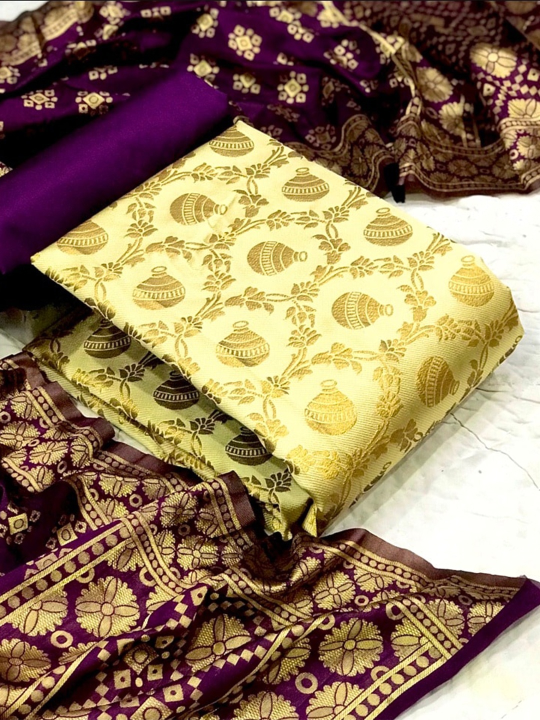 

MORLY Woven Design Dupion Silk Banarasi Jacquard Unstitched Dress Material, Beige