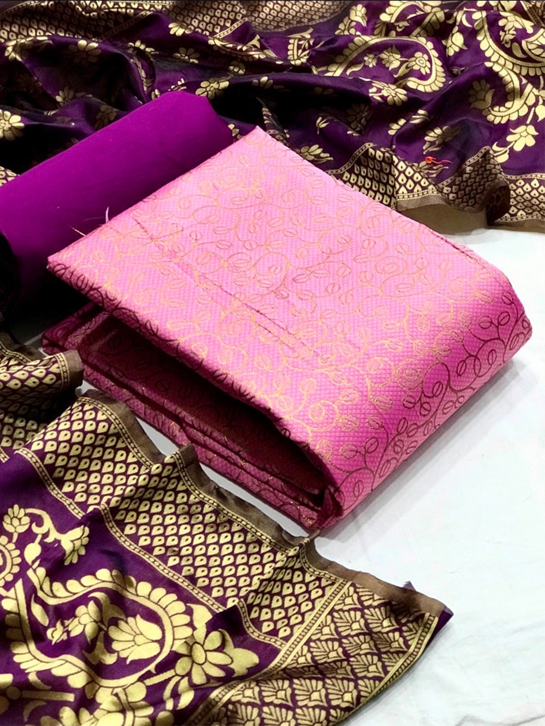 

MORLY Woven Design Dupion Silk Banarasi Jacquard Unstitched Dress Material, Pink