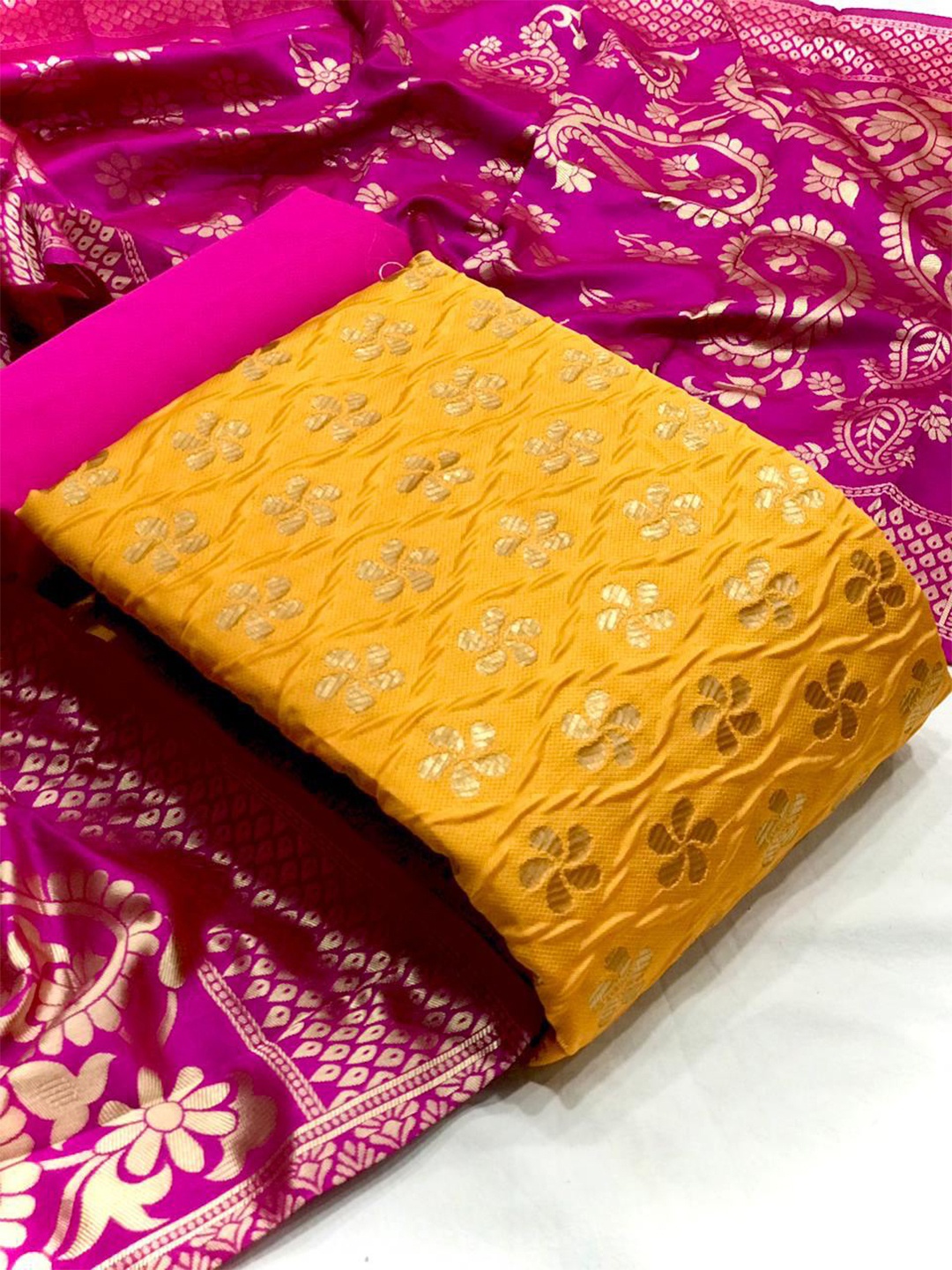 

MORLY Woven Design Dupion Silk Banarasi Jacquard Unstitched Dress Material, Yellow