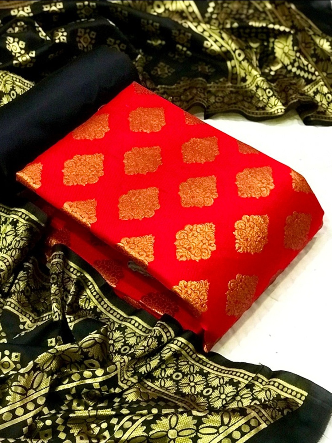 

MORLY Woven Design Dupion Silk Banarasi Jacquard Unstitched Dress Material, Red