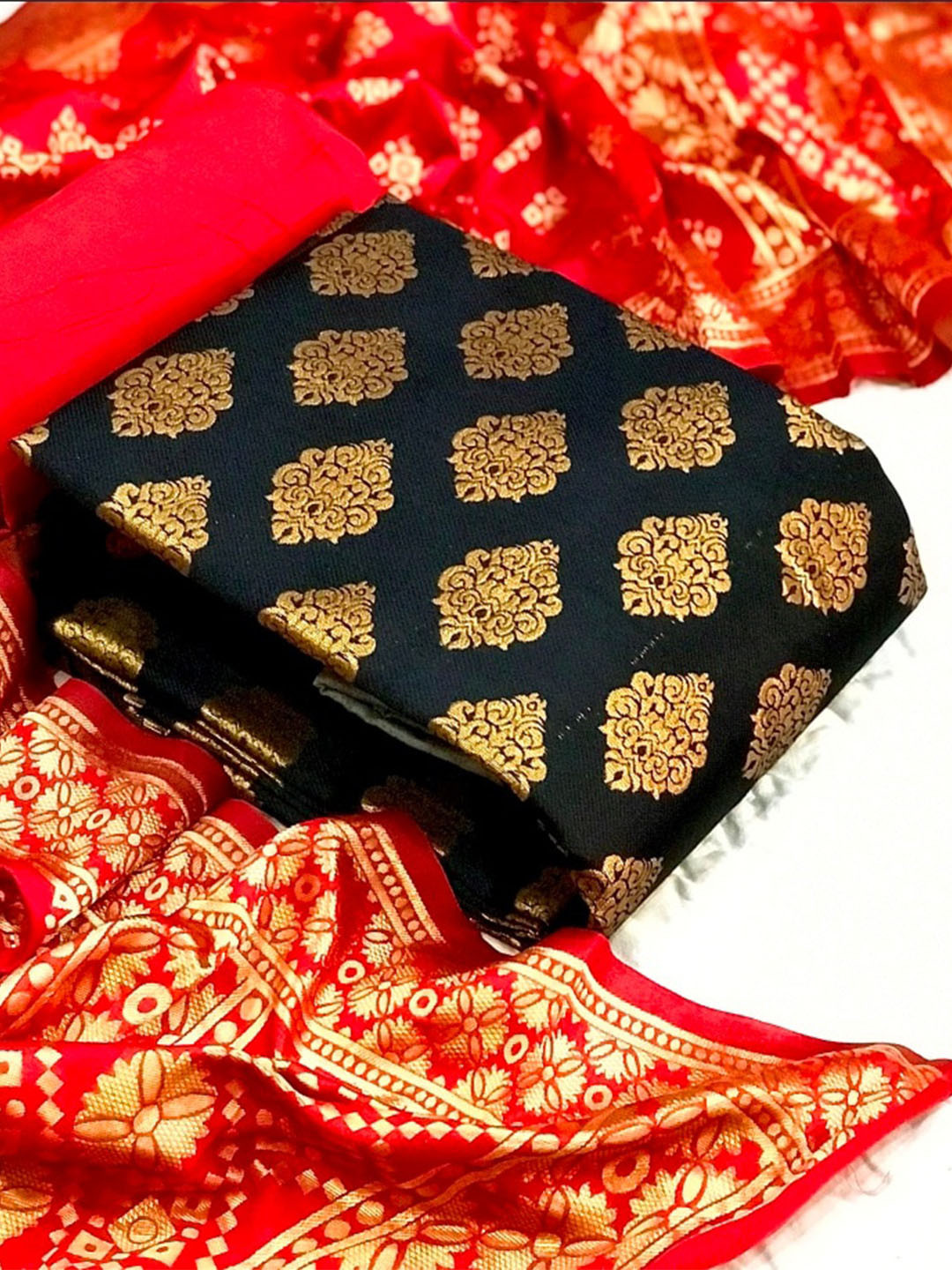 

MORLY Dupion Silk Banarasi Jacquard Unstitched Dress Material, Black