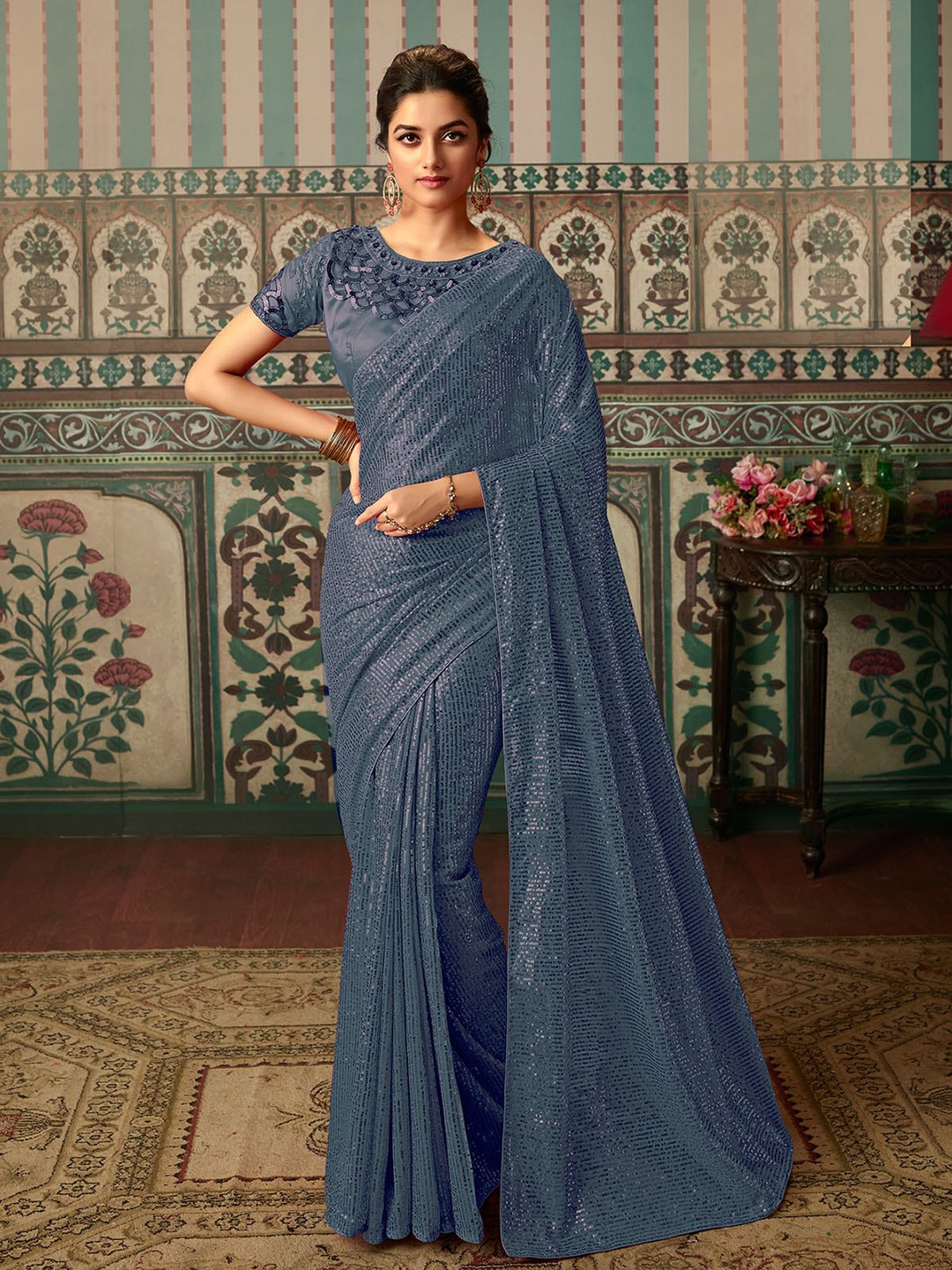 

ODETTE Embellished Sequinned Satin Heavy Work Saree, Grey
