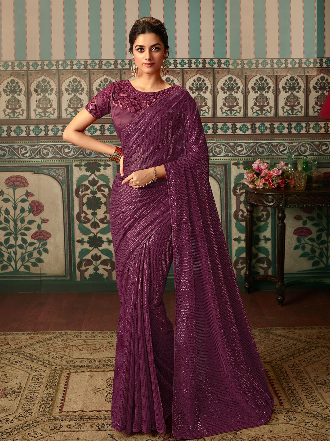 

ODETTE Embellished Sequinned Satin Heavy Work Saree, Purple