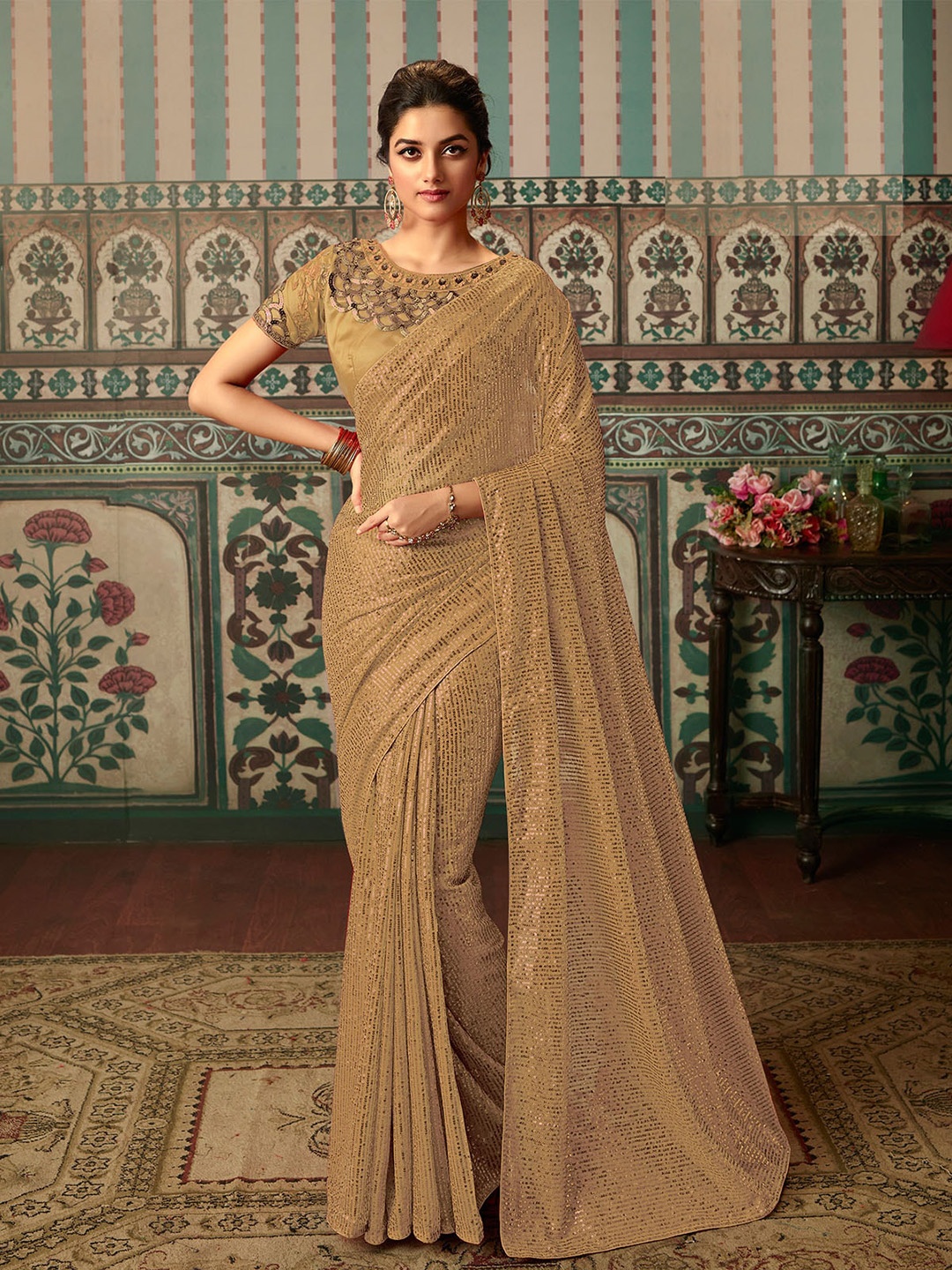 

ODETTE Embellished Sequinned Satin Heavy Work Saree, Gold