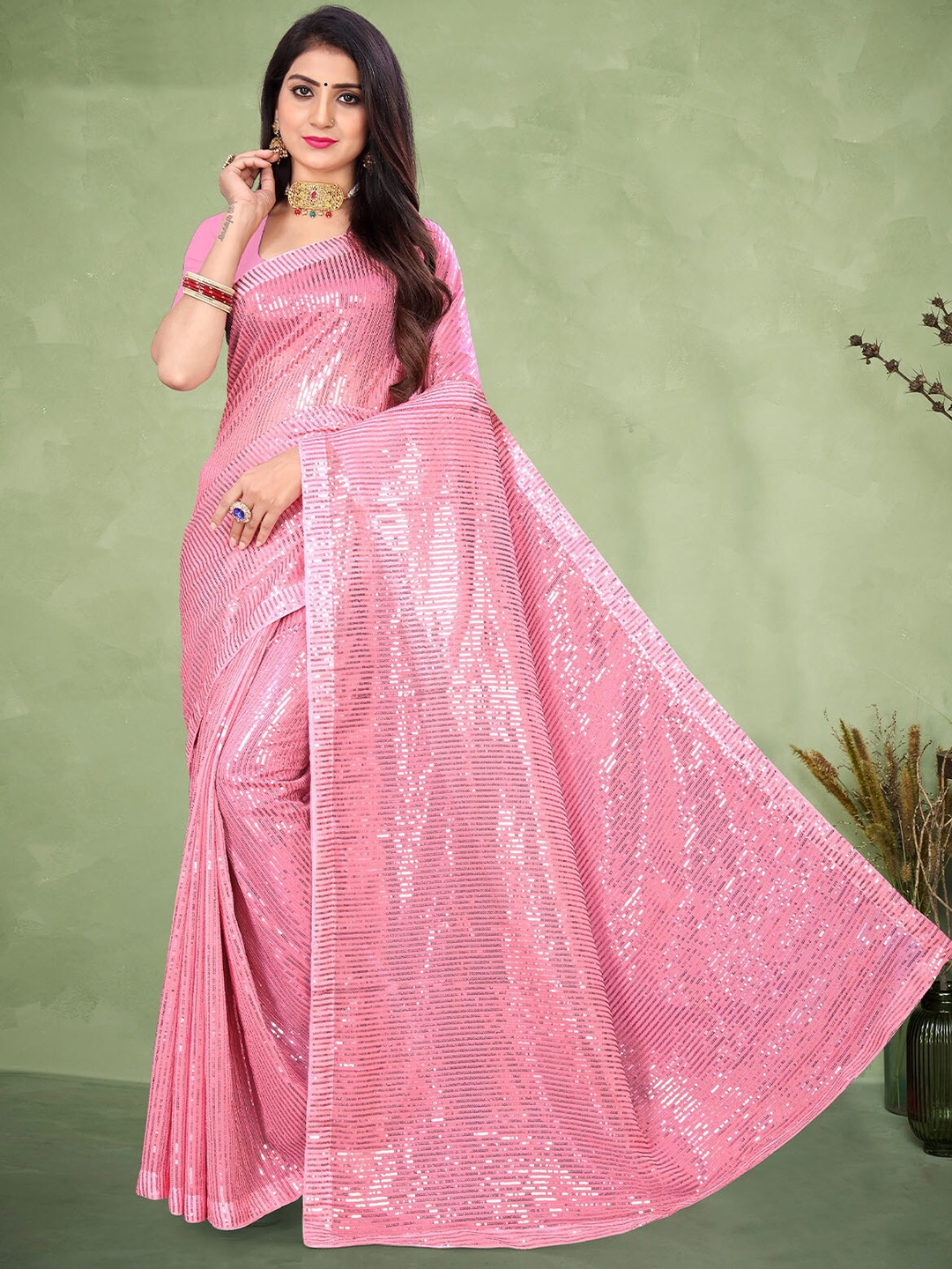

ODETTE Embellished Sequinned Silk Blend Heavy Work Saree, Pink
