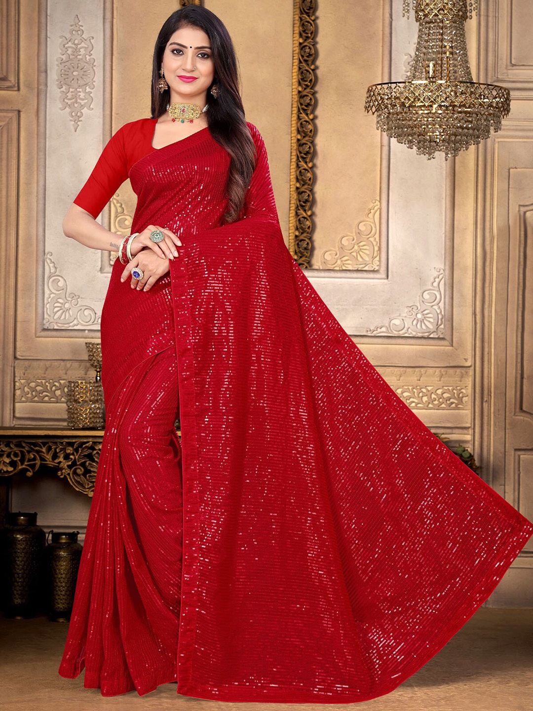 

ODETTE Embellished Sequinned Silk Blend Saree, Red