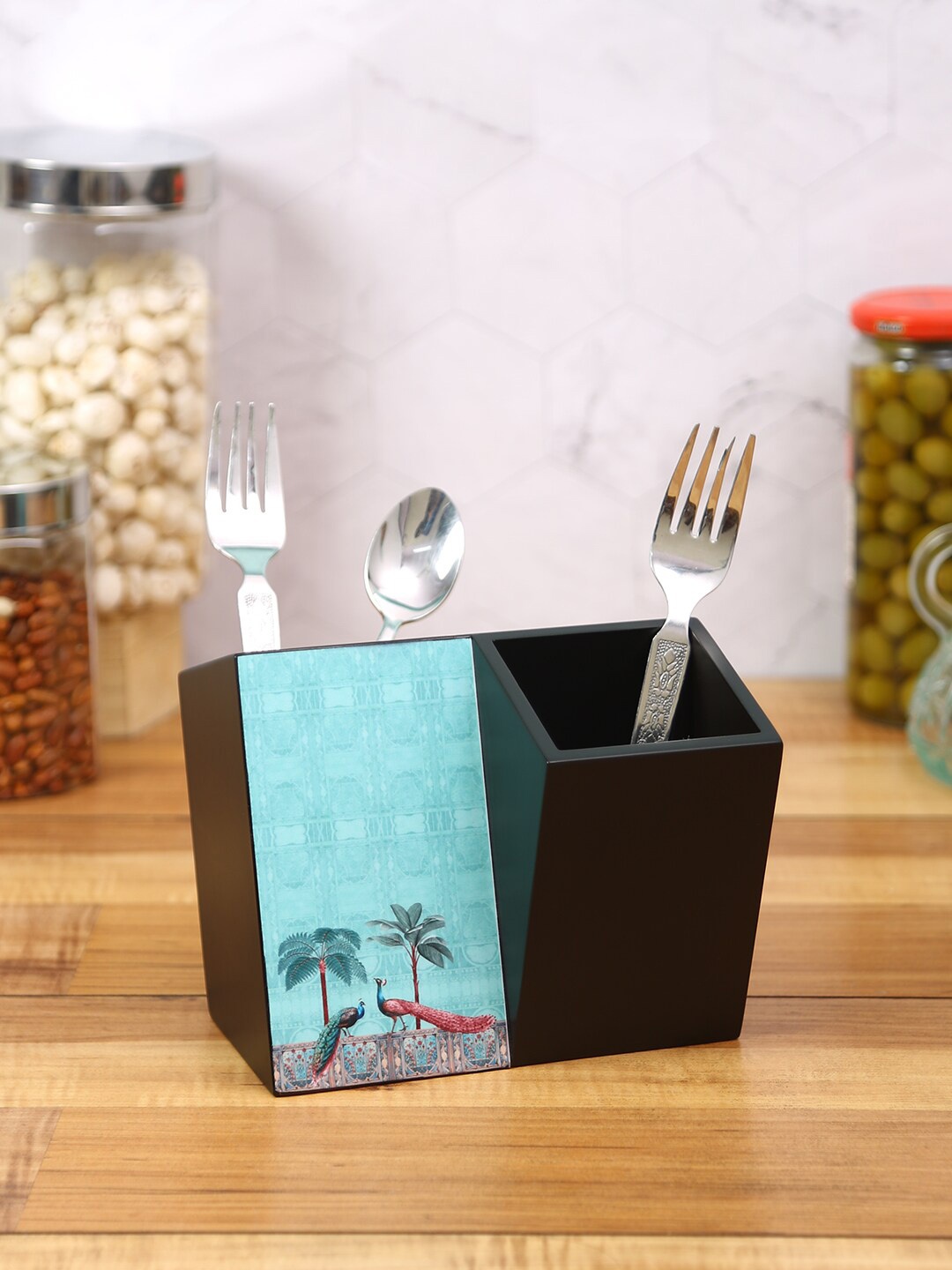 

Reinvention Factory Black & Blue Printed Wooden Cutlery Holder
