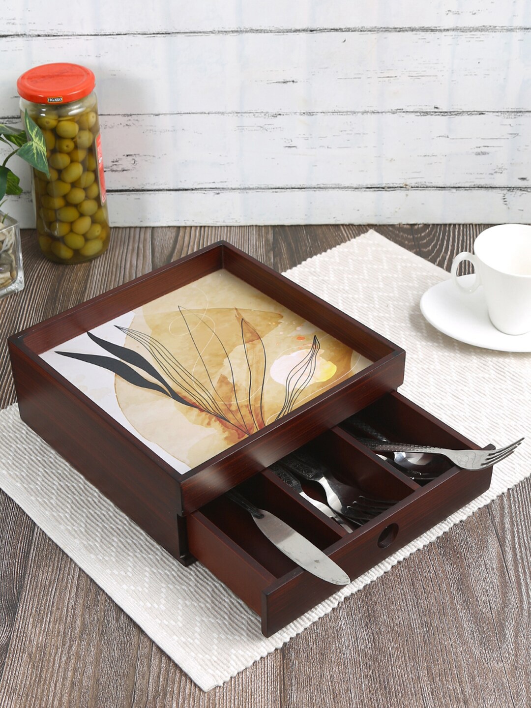 

Reinvention Factory Brown & Yellow Printed Wood Drawer Organisers And Three Partition