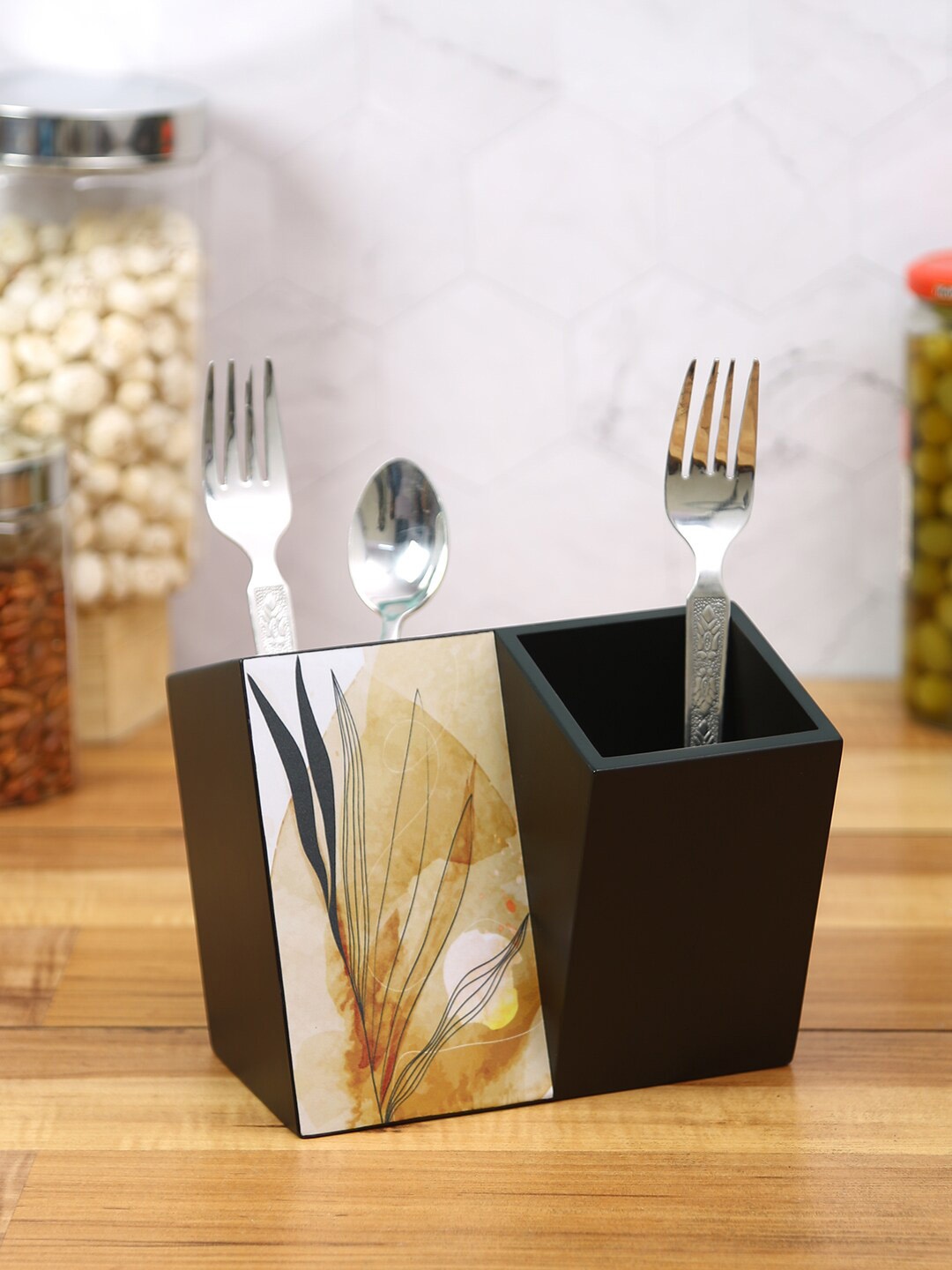 

Reinvention Factory Black & Gold-Toned Autumn Design Wooden Cutlery Holder