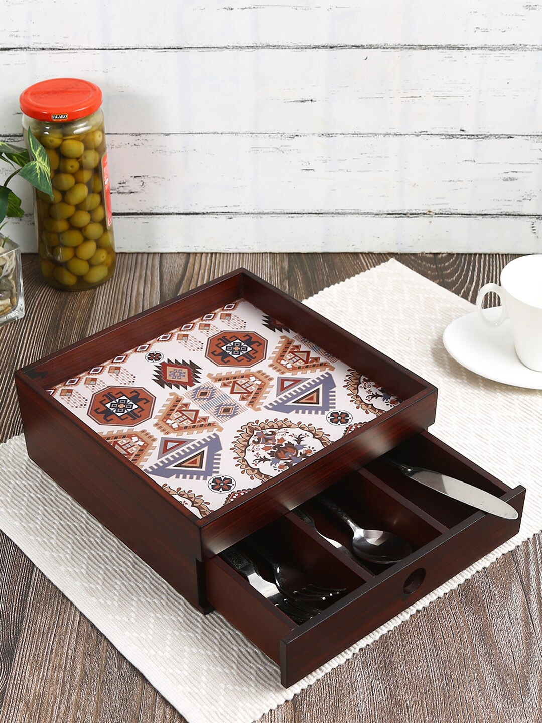 

Reinvention Factory Brown Folk Ornament Printed Wooden Organiser With Drawer