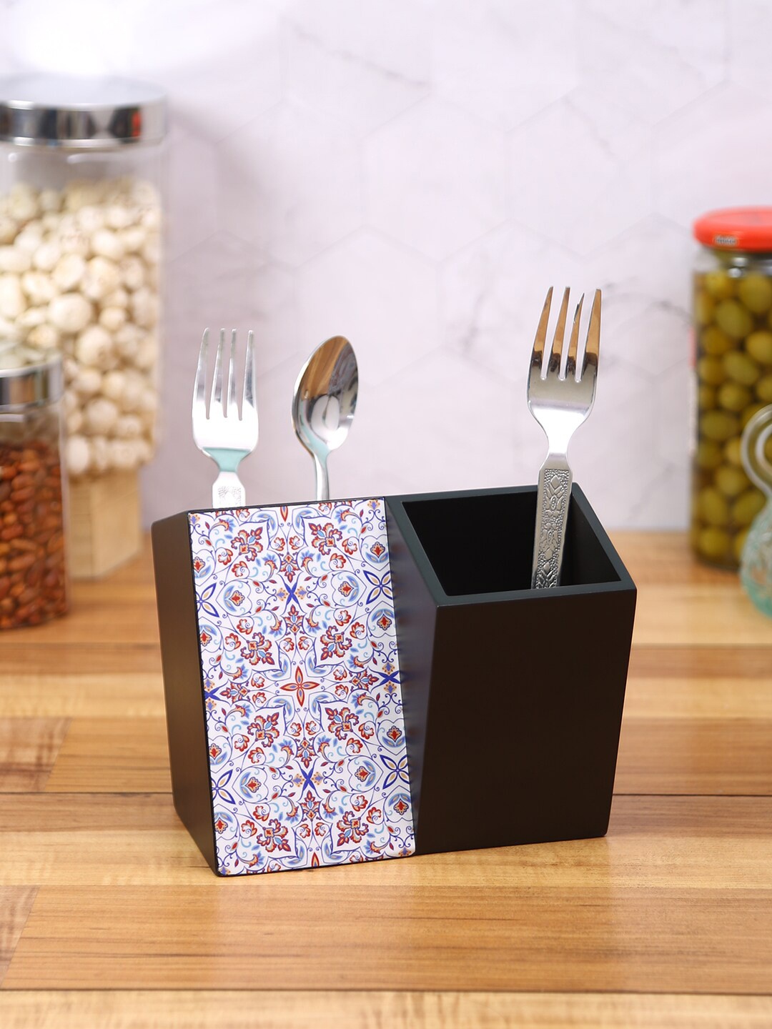 

Reinvention Factory Black Turkish Mandala MDF Wood Cutlery Holder