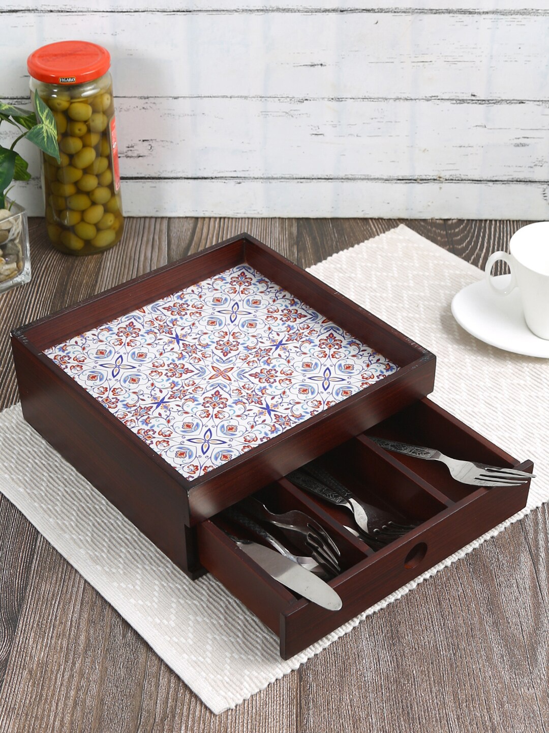 

Reinvention Factory Brown Turkish Mandala Printed Organisers With A Drawer & Three Partition