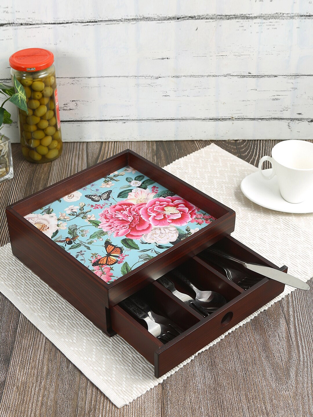 

Reinvention Factory Blue & Brown MDF Wood Organiser with a Drawer & Three Partition