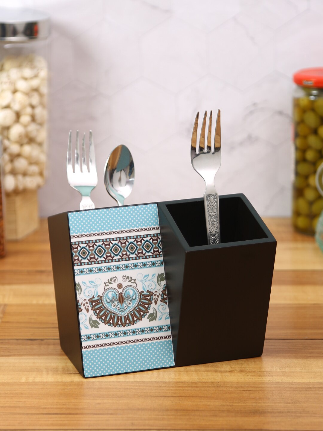 

Reinvention Factory Black Ethnic Ornament Printed MDF Wood Cutlery Holder