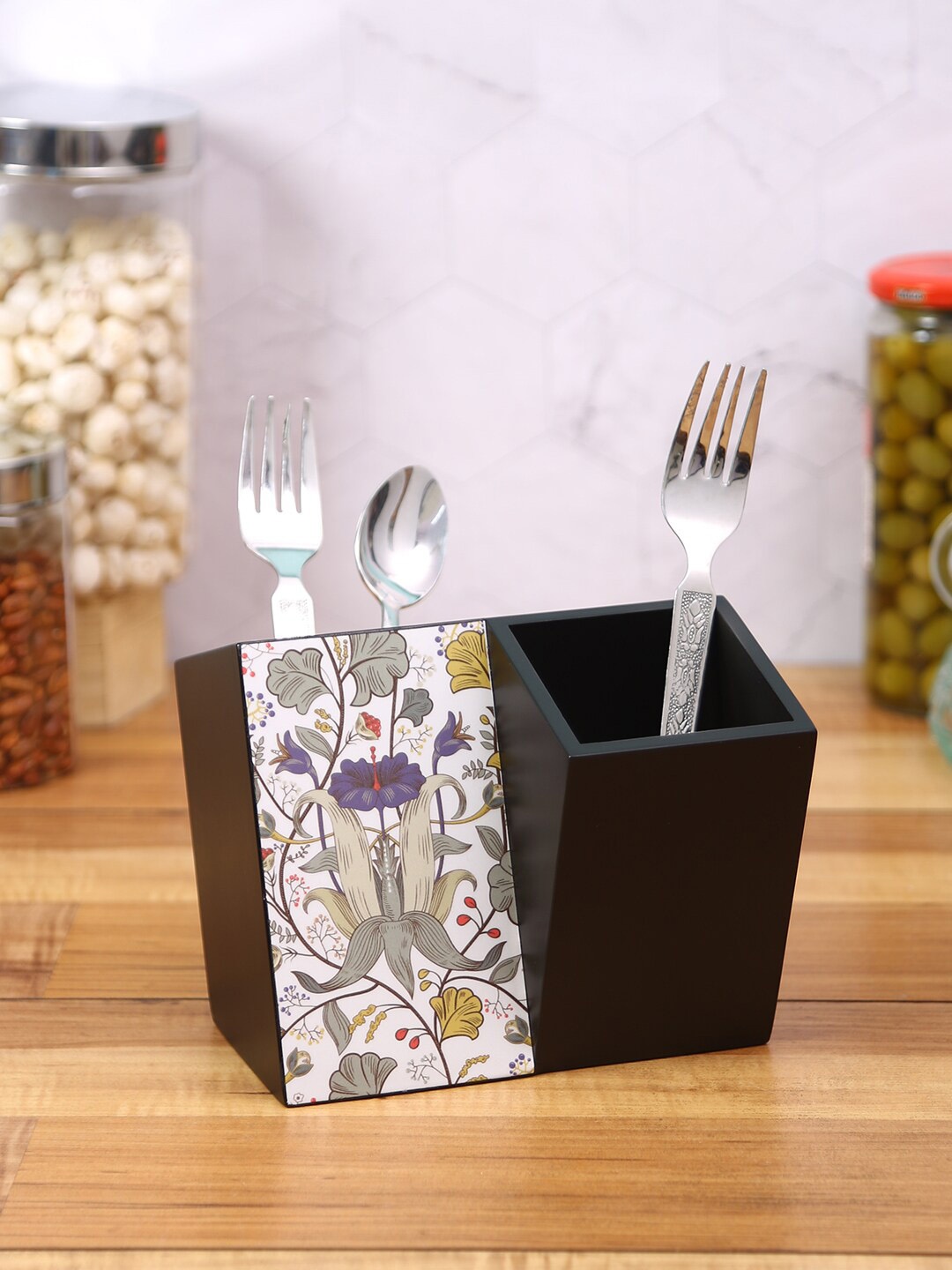 

Reinvention Factory Retro Hibiscus Black & White Printed Wooden Organisers