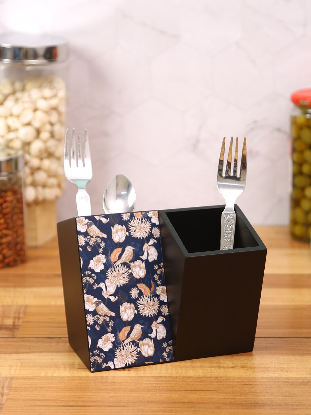 

Reinvention Factory Black & Blue Tutsi Bird MDF Wood Cutlery Holder