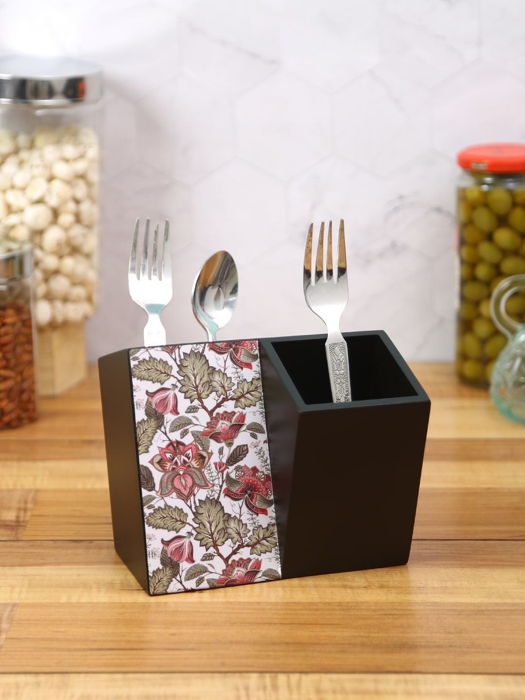 

Reinvention Factory Black Floral Fantasy MDF Wood 2 Way Cutlery Holder