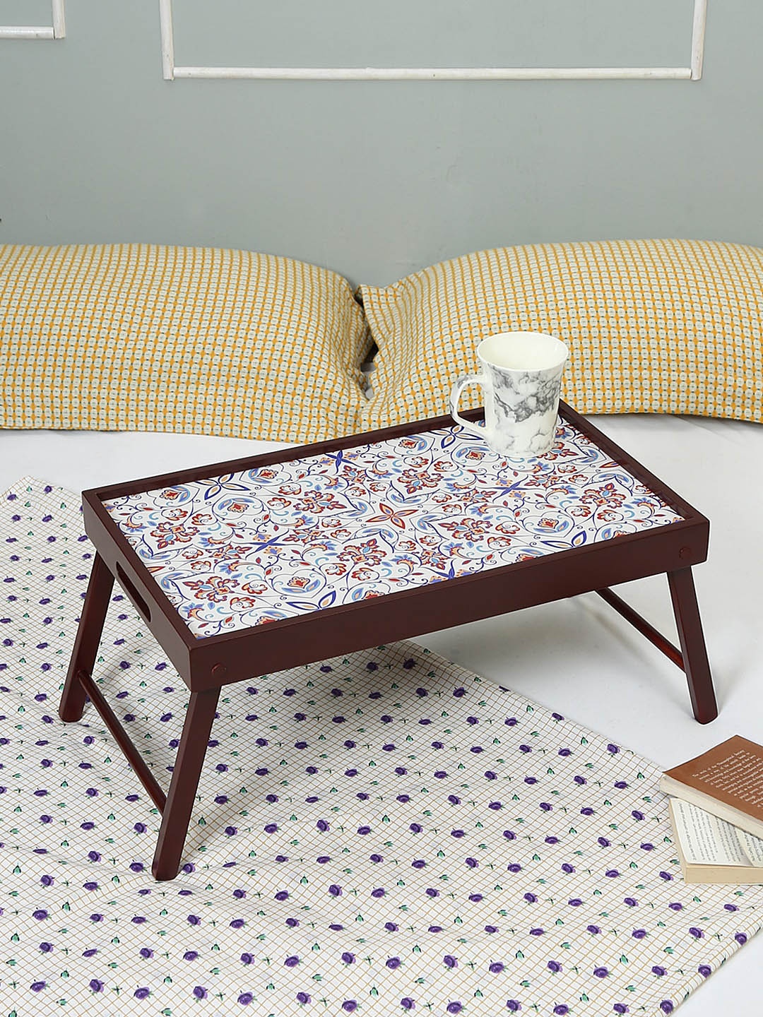 

Reinvention Factory Brown & Blue Printed Morris Teak Wood Bed Table, Cream