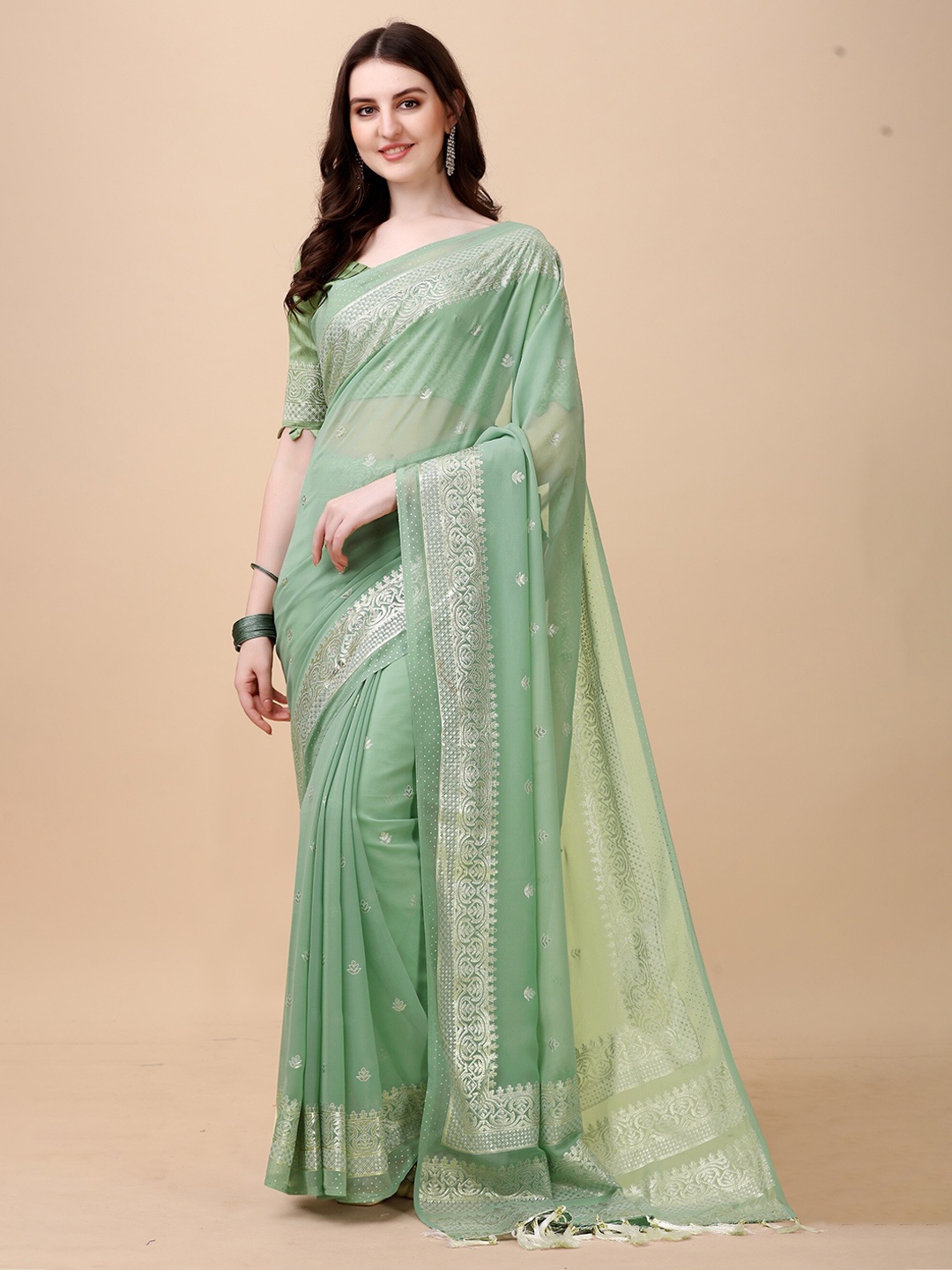

KALINI Woven Design Zari Jute Silk Saree, Green
