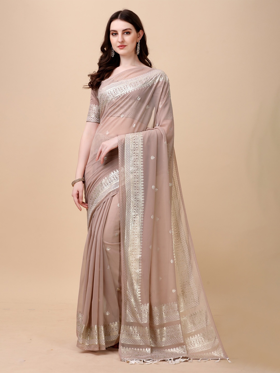 

KALINI Woven Design Zari Jute Silk Saree, Coffee brown