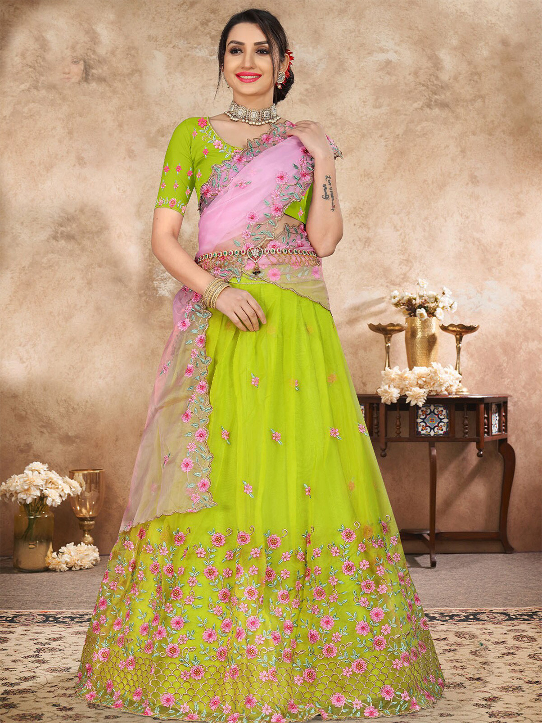

ODETTE Embroidered Semi-Stitched Lehenga & Unstitched Blouse With Dupatta, Lime green