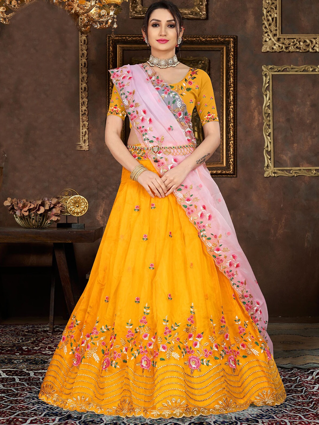 

ODETTE Embroidered Semi-Stitched Lehenga & Unstitched Blouse With Dupatta, Mustard