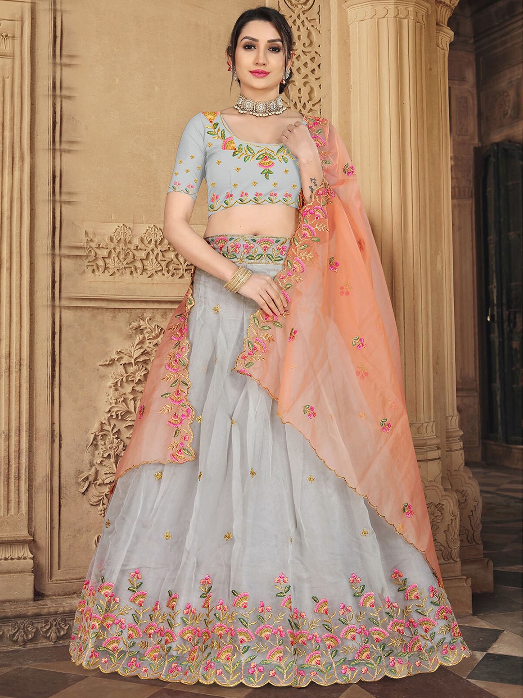 

ODETTE Embroidered Semi-Stitched Lehenga & Unstitched Blouse With Dupatta, Grey