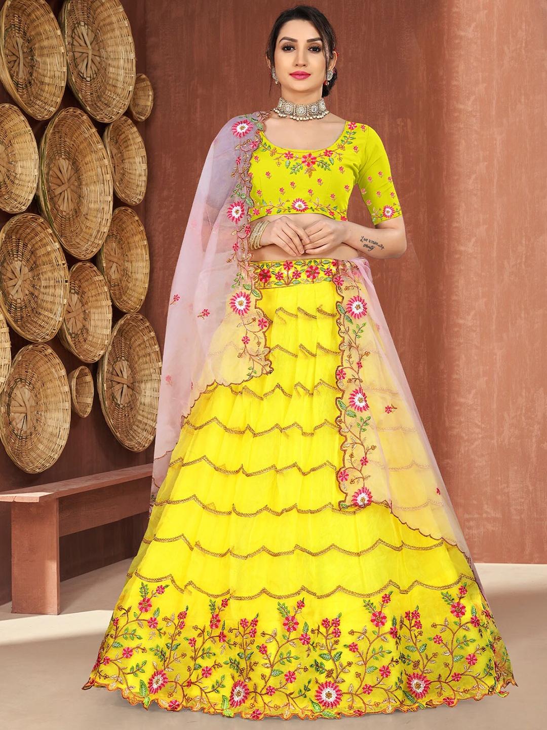 

ODETTE Embroidered Semi-Stitched Lehenga & Unstitched Blouse With Dupatta, Yellow